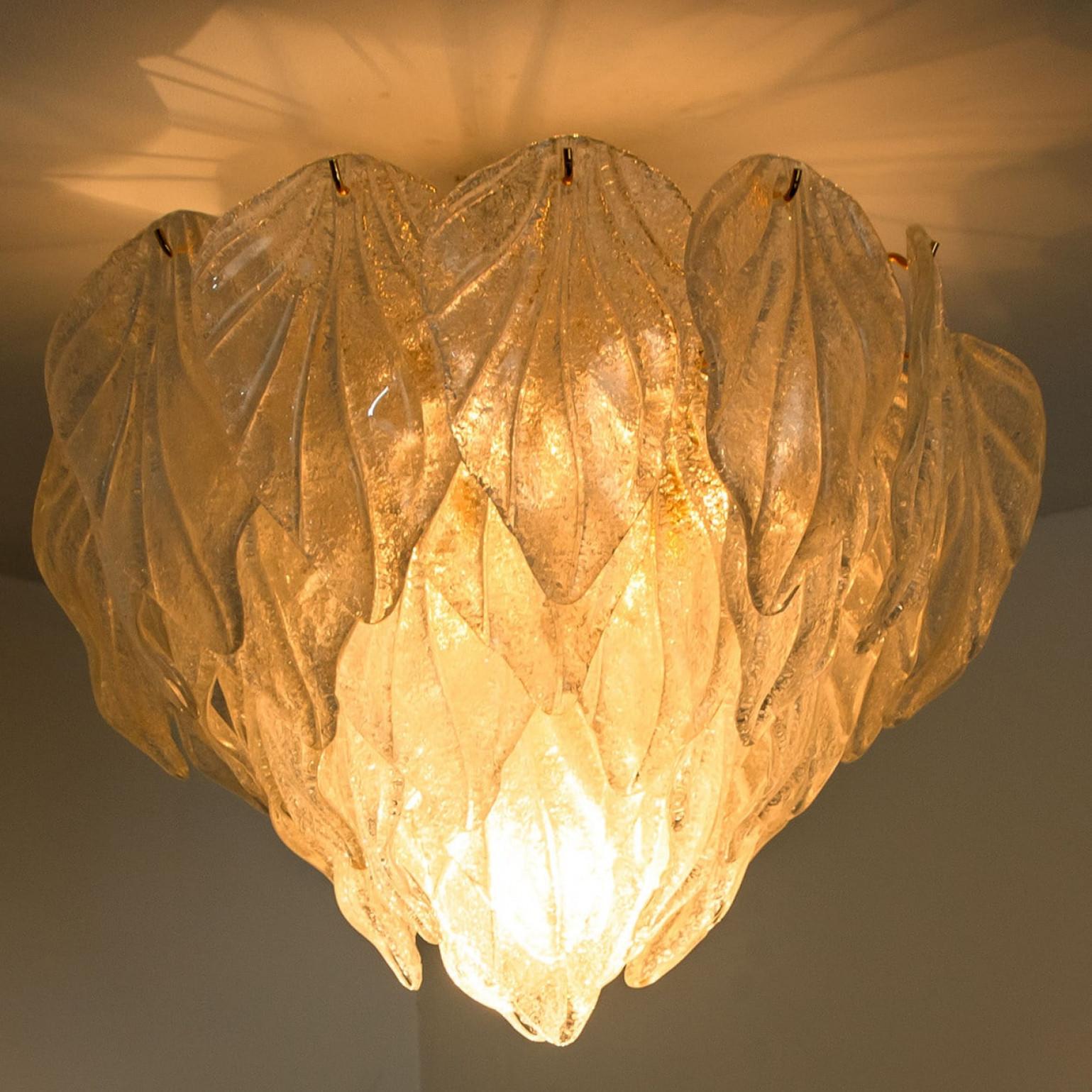 Italian Murano Glass and Brass Leaf Flush Mount Chandelier, Italy, 1970 For Sale