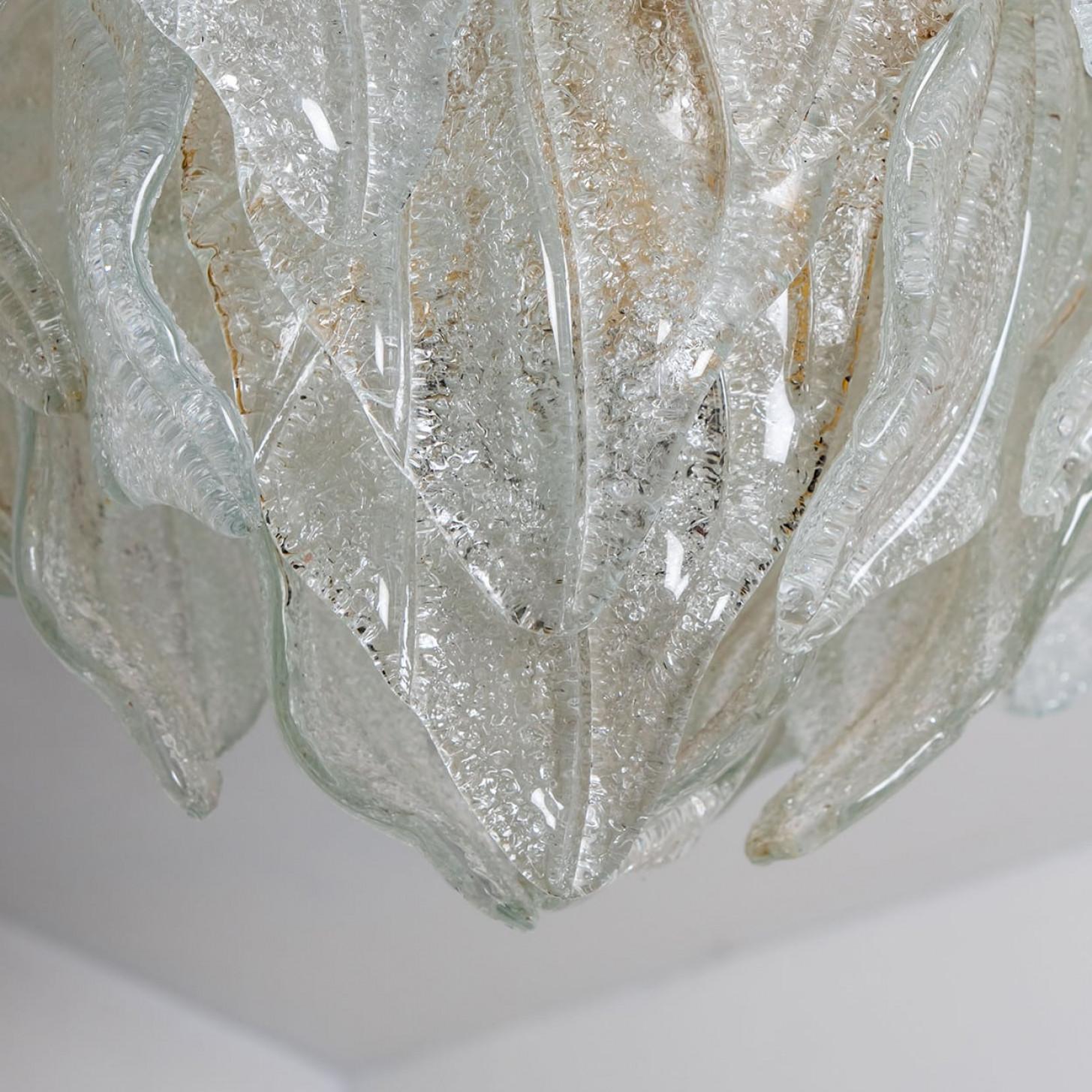 Other Murano Glass and Brass Leaf Flush Mount Chandelier, Italy, 1970 For Sale