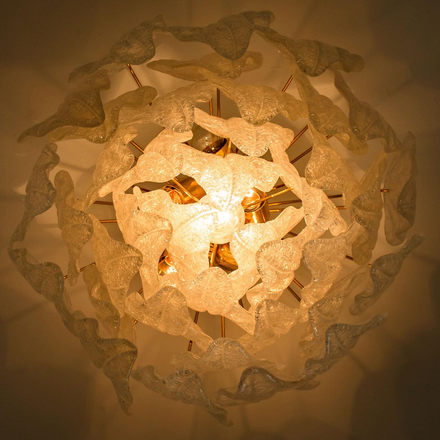 Murano Glass and Brass Leaf Flush Mount Chandelier, Italy, 1970 In Excellent Condition For Sale In Rijssen, NL