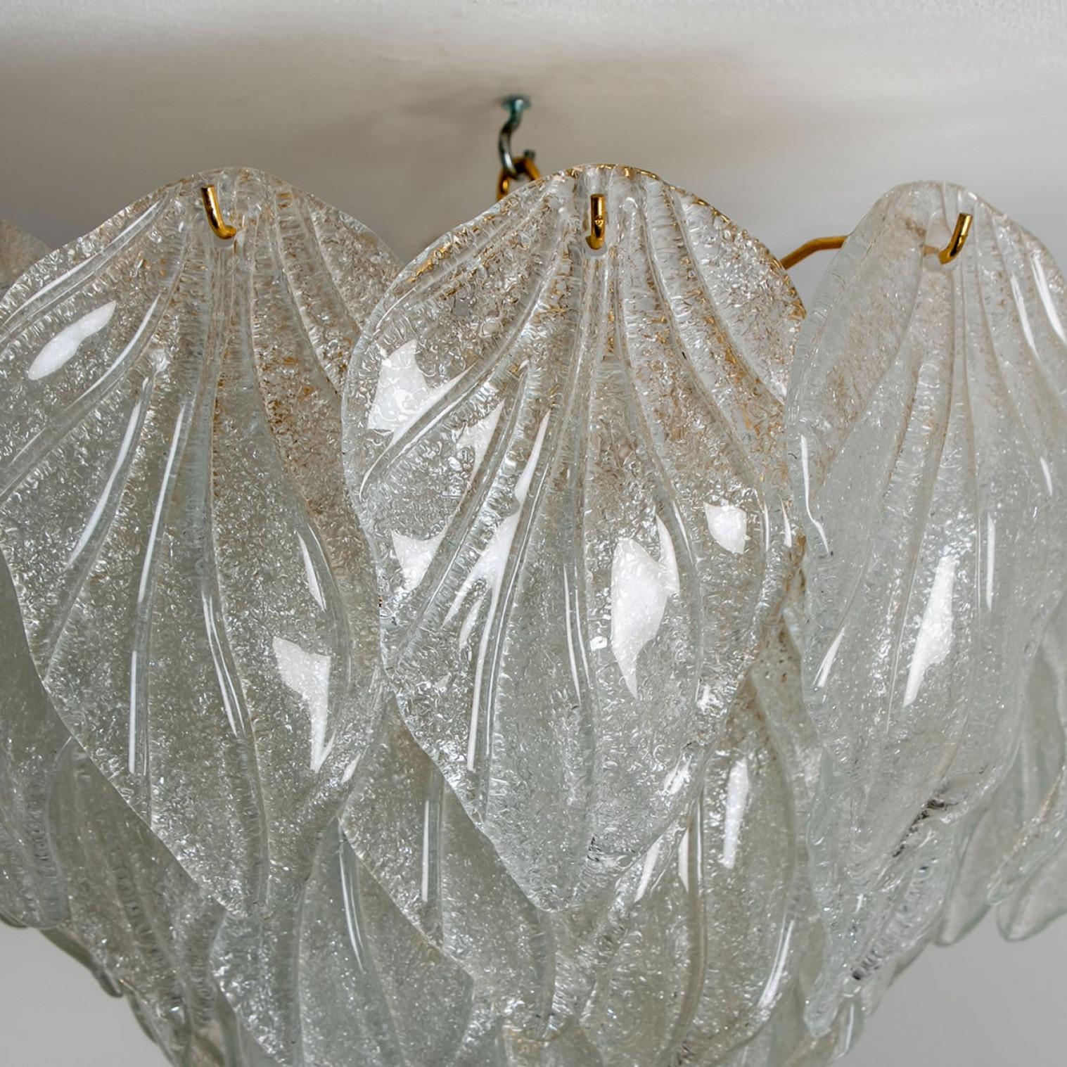 Late 20th Century Murano Glass and Brass Leaf Flush Mount Chandelier, Italy, 1970 For Sale