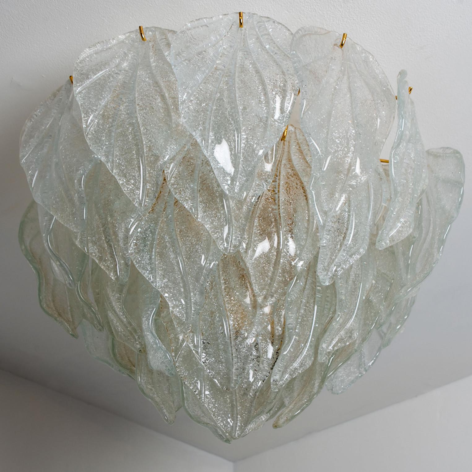 Murano Glass and Brass Leaf Flush Mount Chandelier, Italy, 1970 For Sale 1