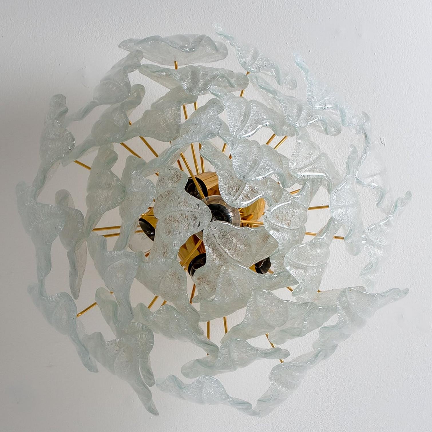 Murano Glass and Brass Leaf Flush Mount Chandelier, Italy, 1970 For Sale 1