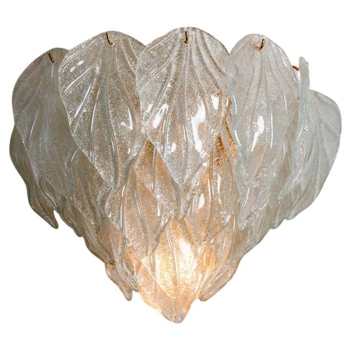 Lampadario a incasso in vetro di Murano e foglie d'ottone, Italia, 1970