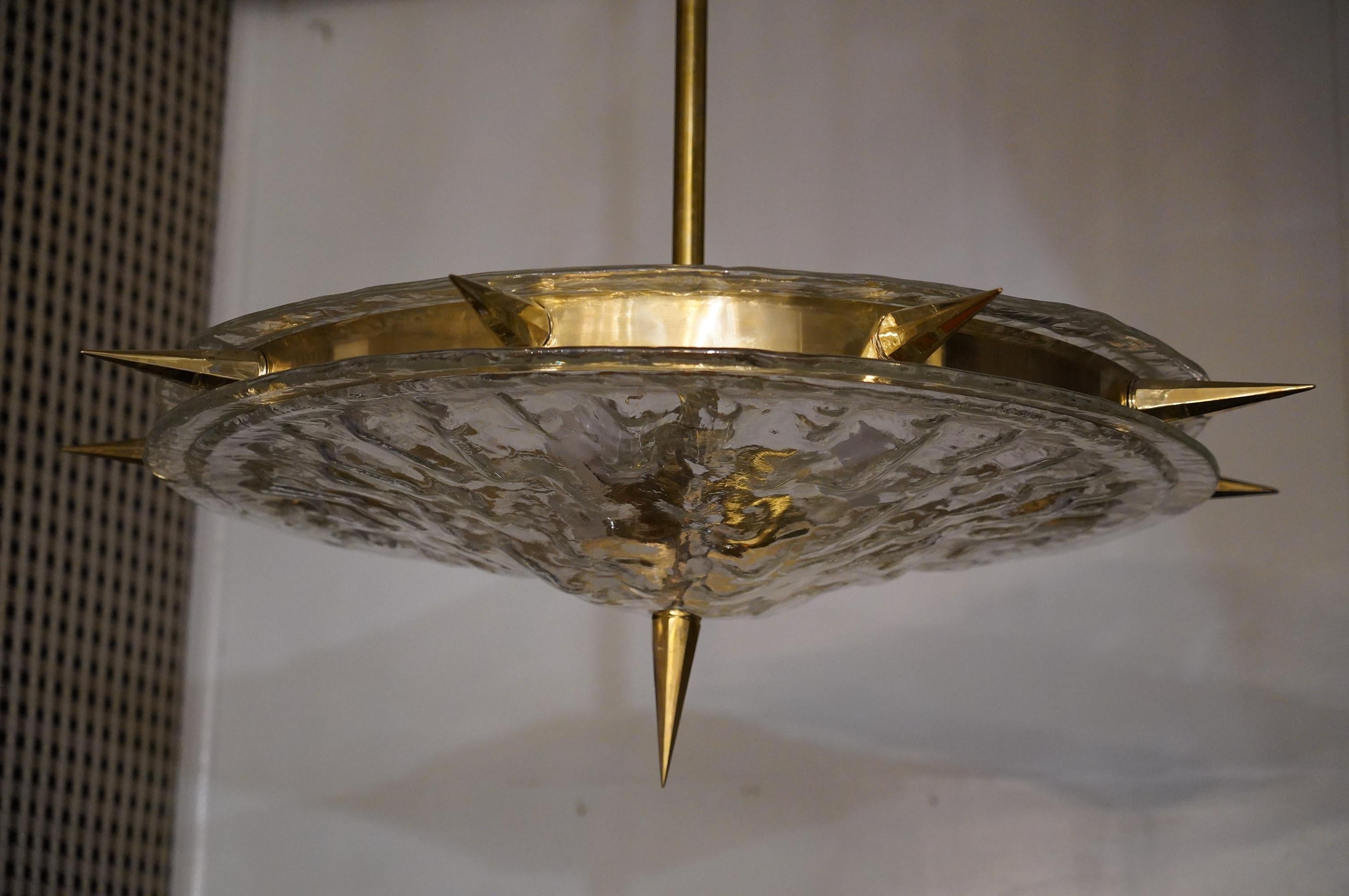 Mid-Century Modern Murano Glass and Brass Mid-Century Chandelier, 1990 For Sale