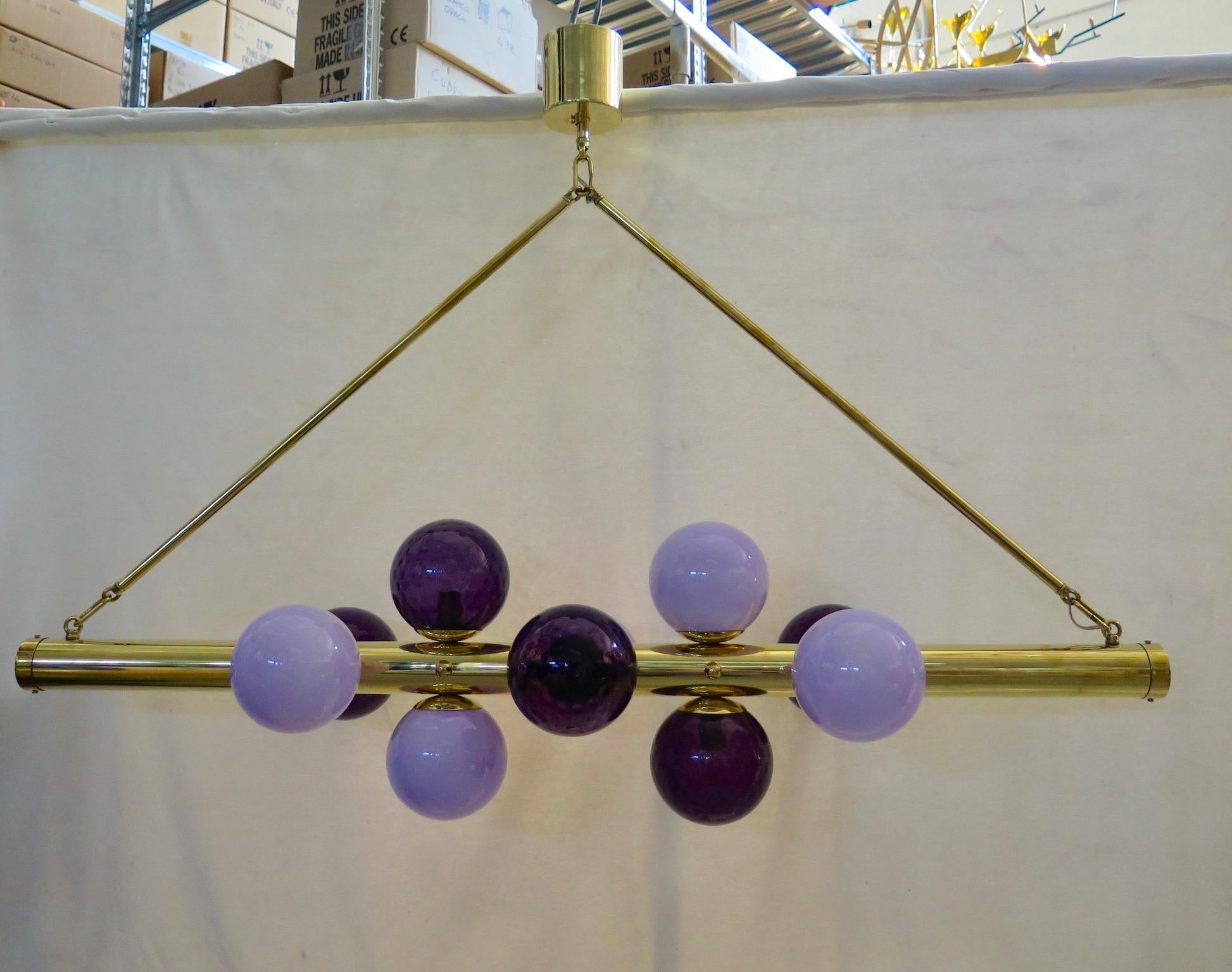 Contemporary Murano Violet Glass and Brass Midcentury Italian Chandelier and Pendant, 2000 For Sale