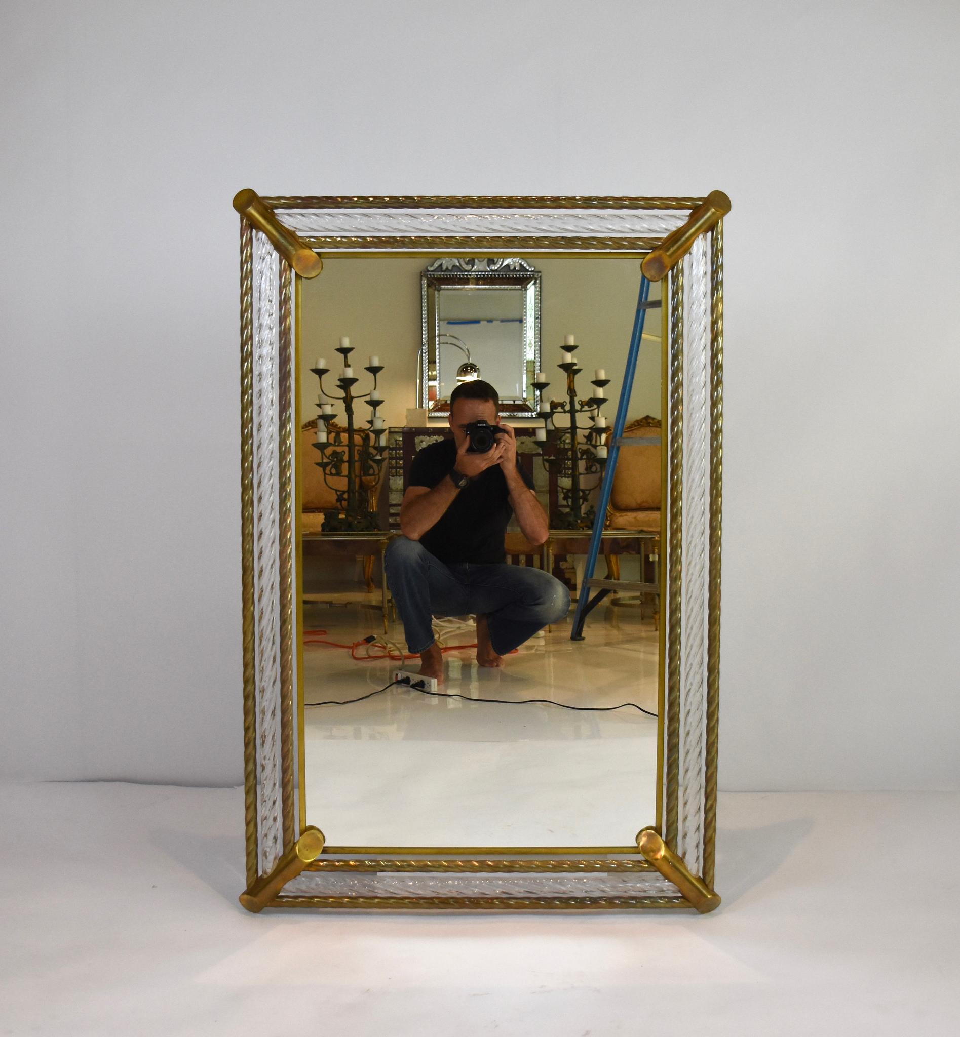 Murano Glass and Brass Mirror, circa 1960 In Excellent Condition In Houston, TX
