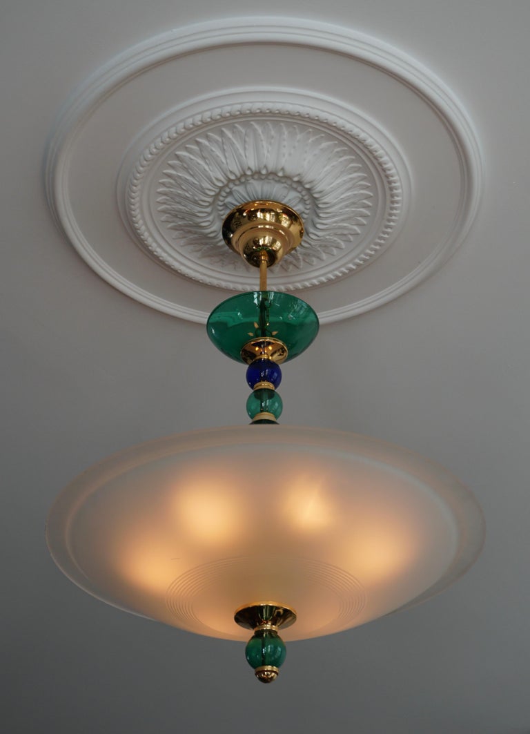 20th Century Murano Glass and Brass Pair of Pendant Ceiling Lamps For Sale