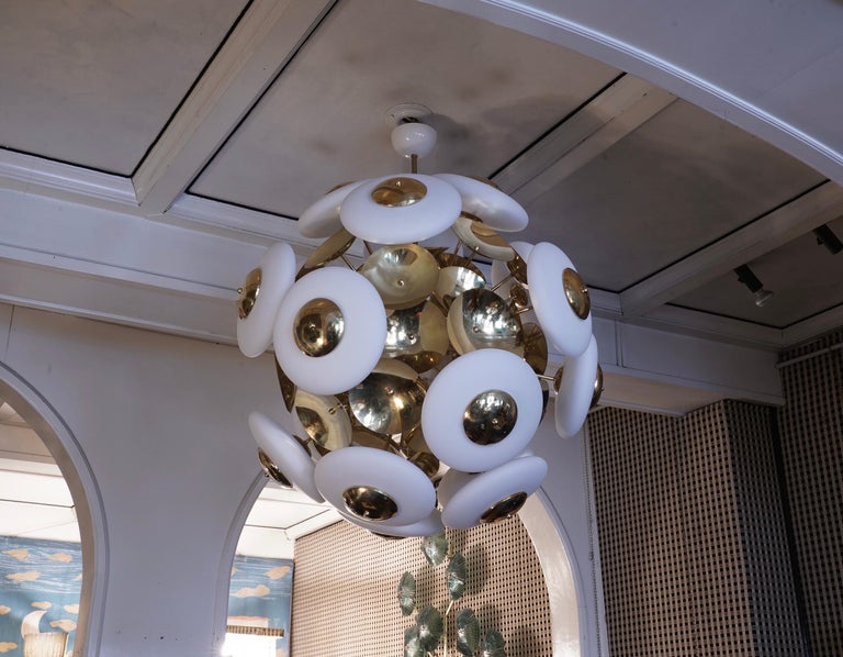 Mid-Century Modern Murano Glass and Brass Round Midcentury Chandeliers, 1970 For Sale