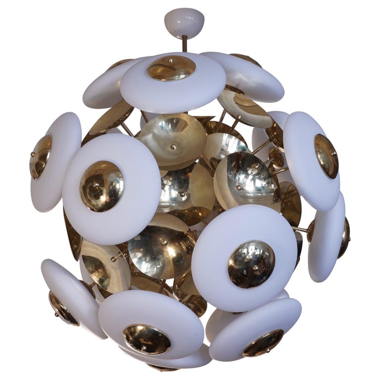 Murano Glass and Brass Round Midcentury Chandeliers, 1970 For Sale