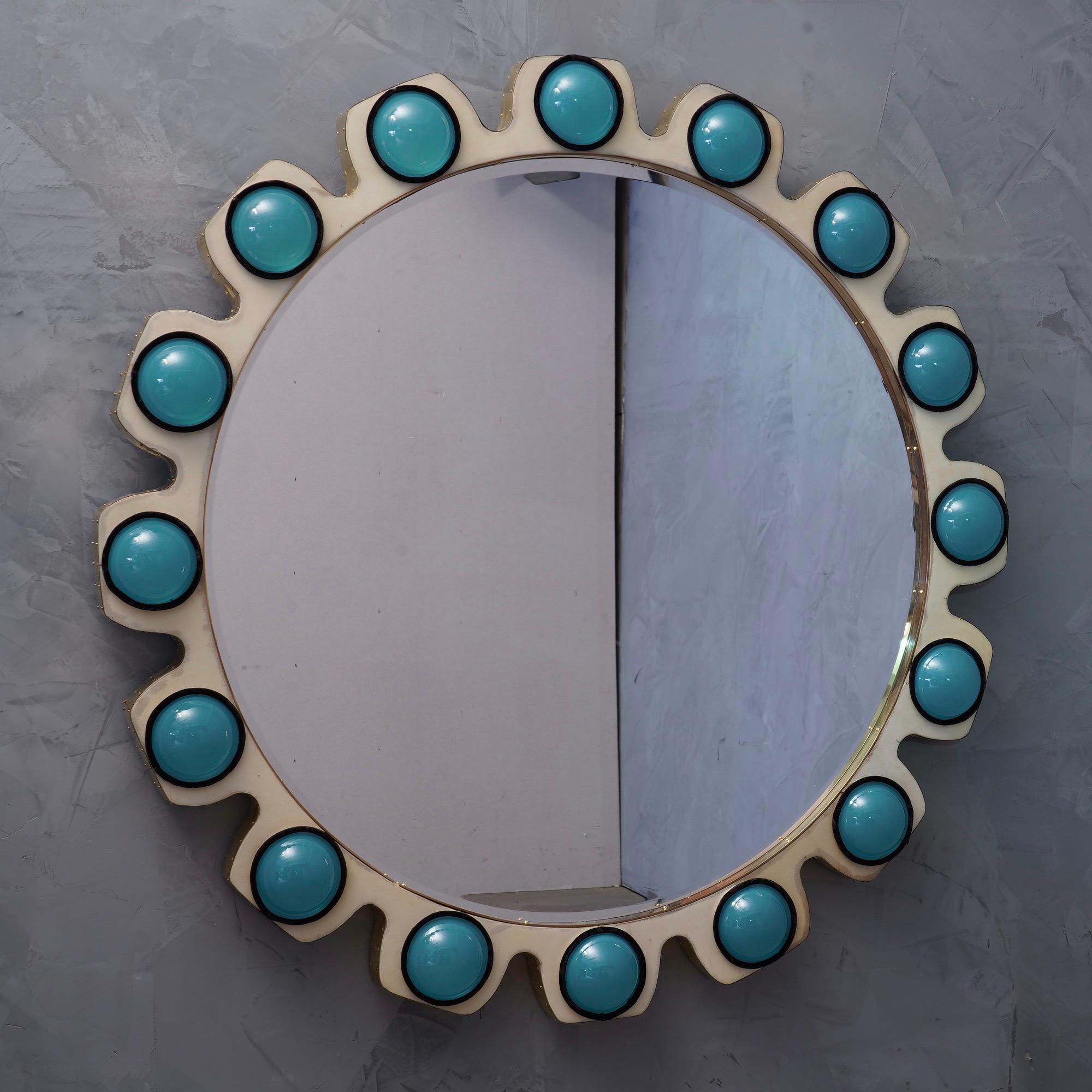 Mid-Century Modern Murano Glass and Brass Round Mirrors, 1970