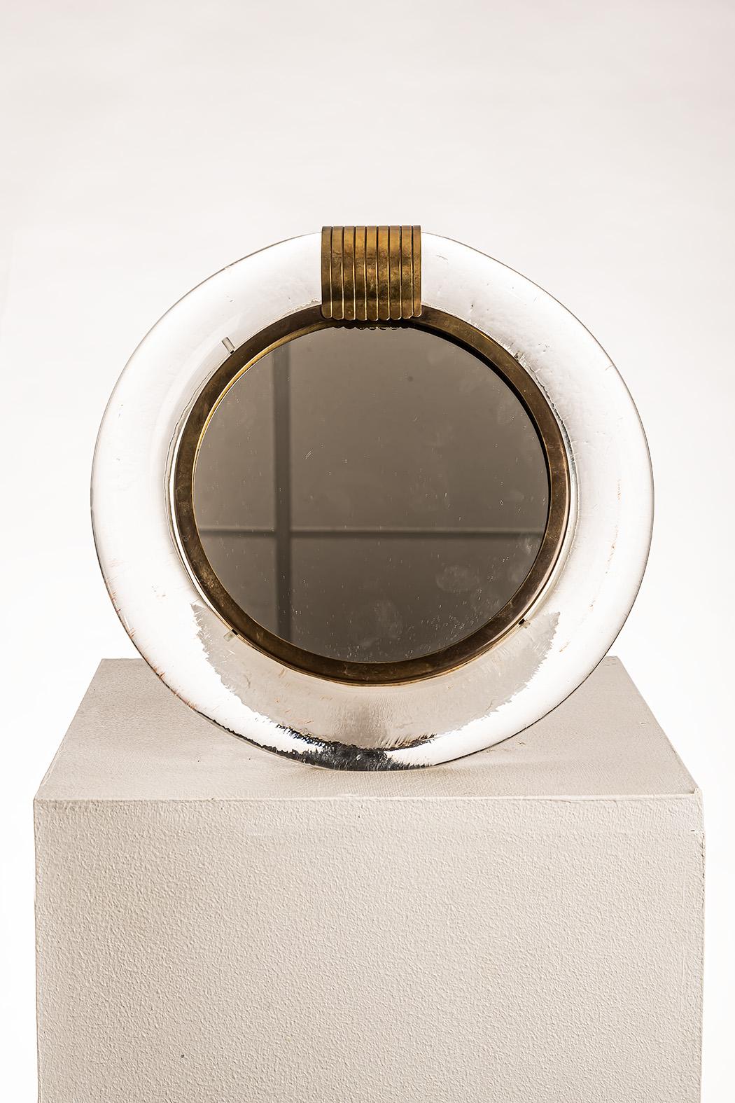 Mid-Century Modern Murano Glass and Brass Round Table Mirror by Seguso Vetri d’Arte, Italy For Sale