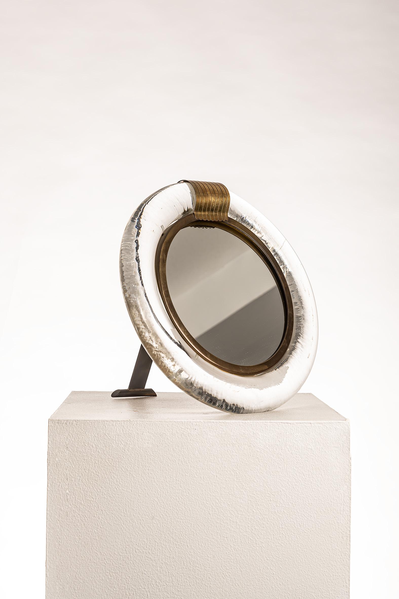 Italian Murano Glass and Brass Round Table Mirror by Seguso Vetri d’Arte, Italy For Sale
