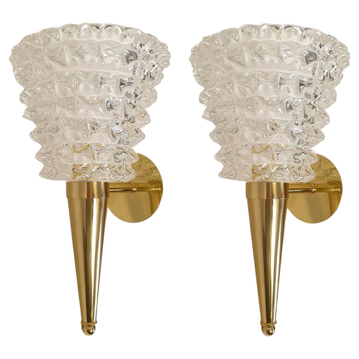 Murano glass and brass sconces - a pair For Sale