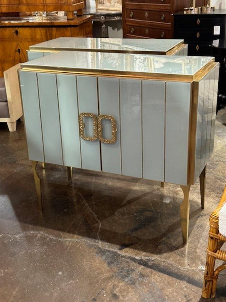 Stylish pair of pale green Murano glass and brass side cabinets. Great for a variety of decors! These can be custom made in any color. Beautiful!
