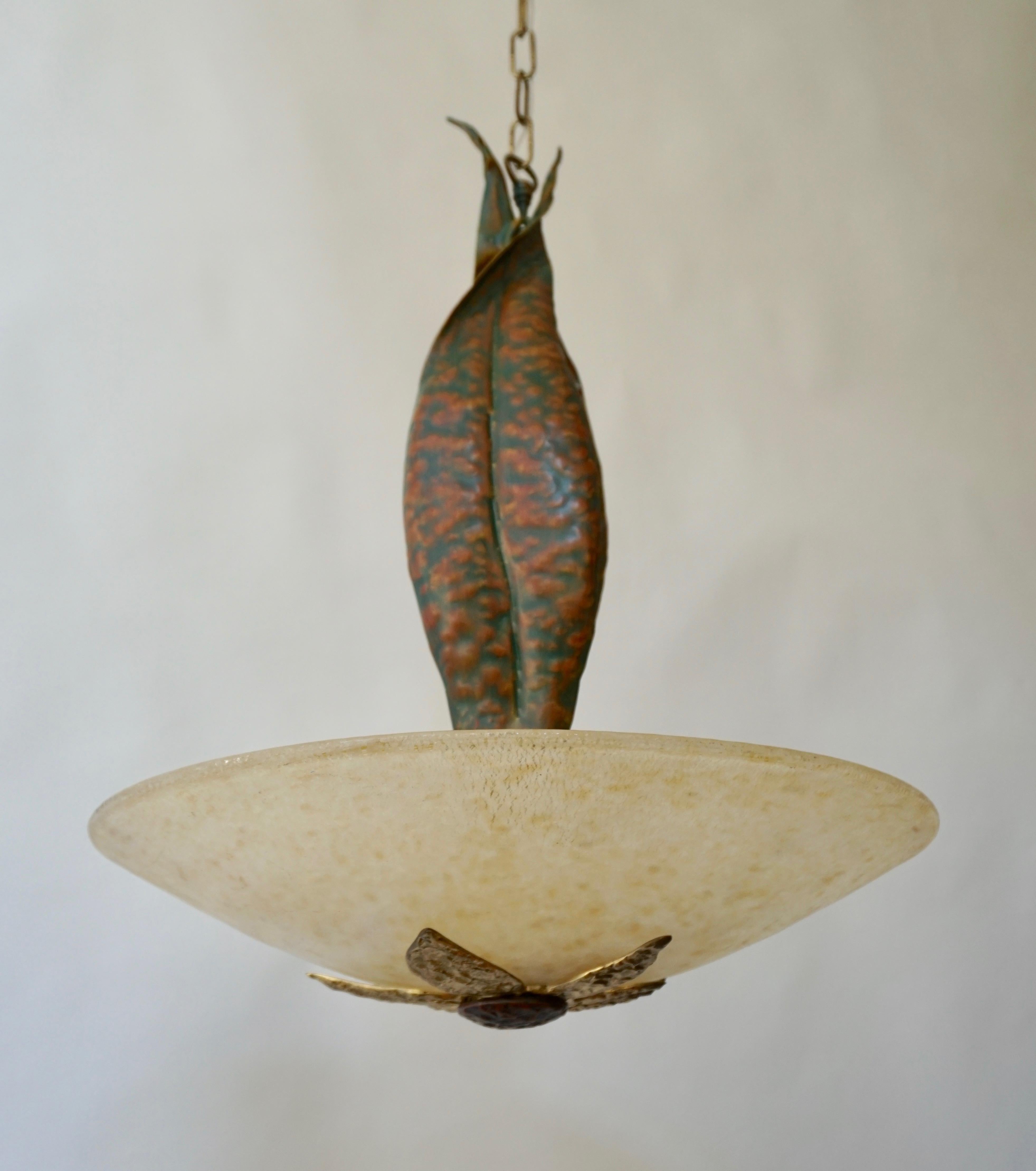 Mid-Century Modern Murano Glass and Bronze Pendant Light  For Sale