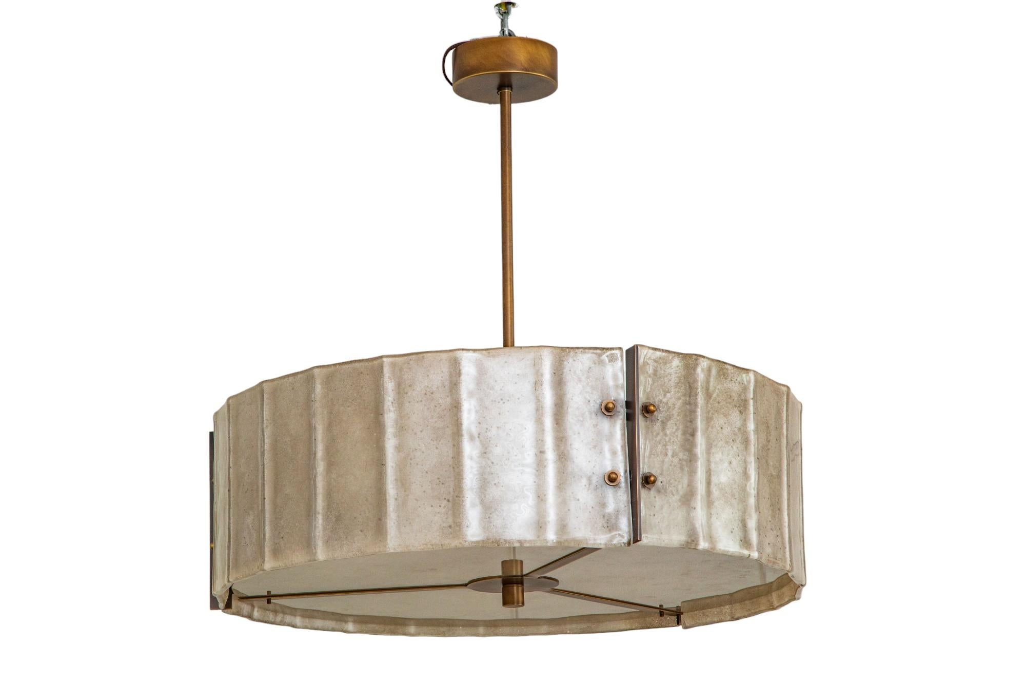Mid-Century Modern Murano Glass and Bronzed Drum Chandelier, in Stock For Sale