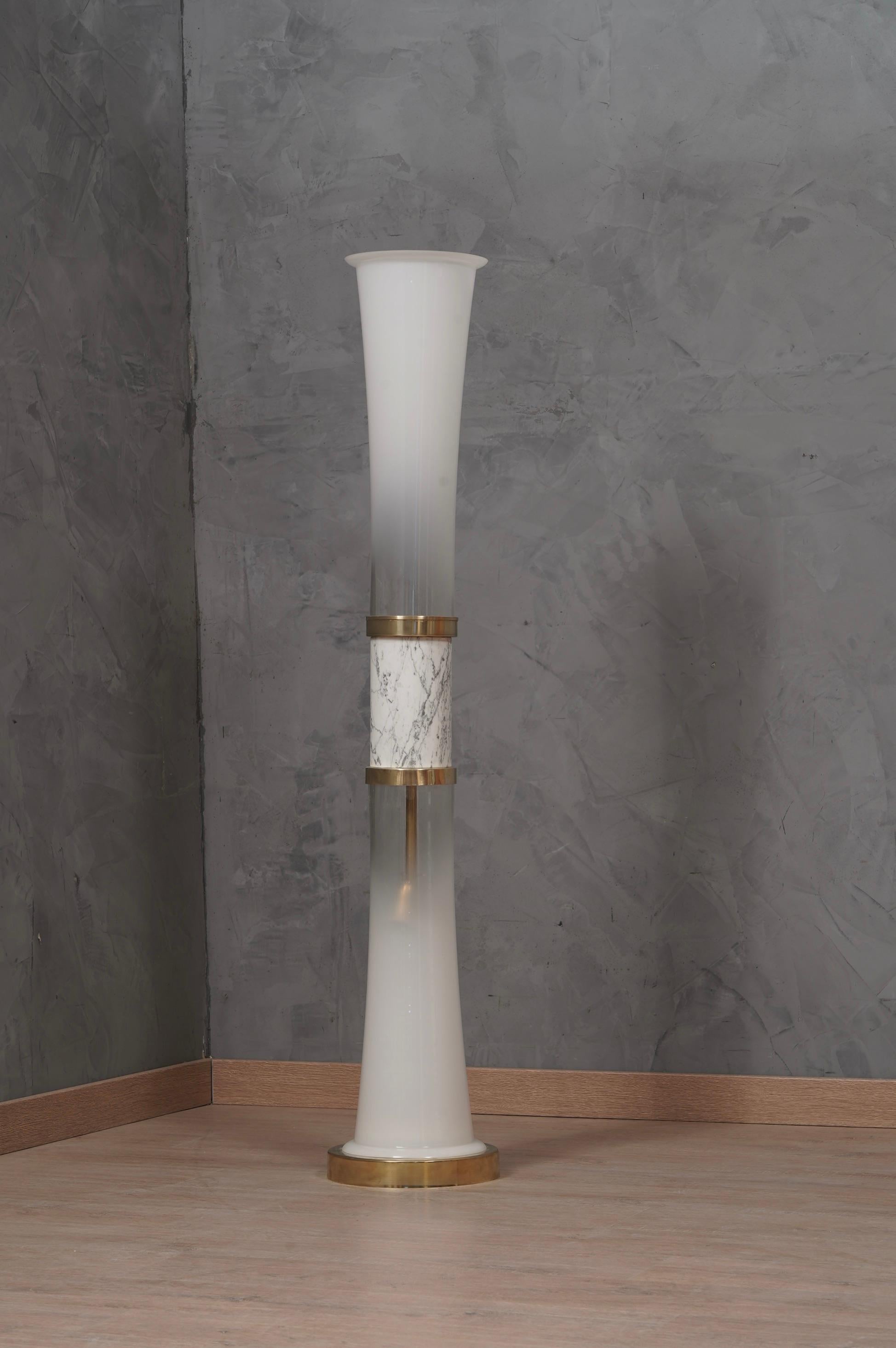 Italian Murano Glass and Carrara Marble White Floor Lamp, 1970 For Sale