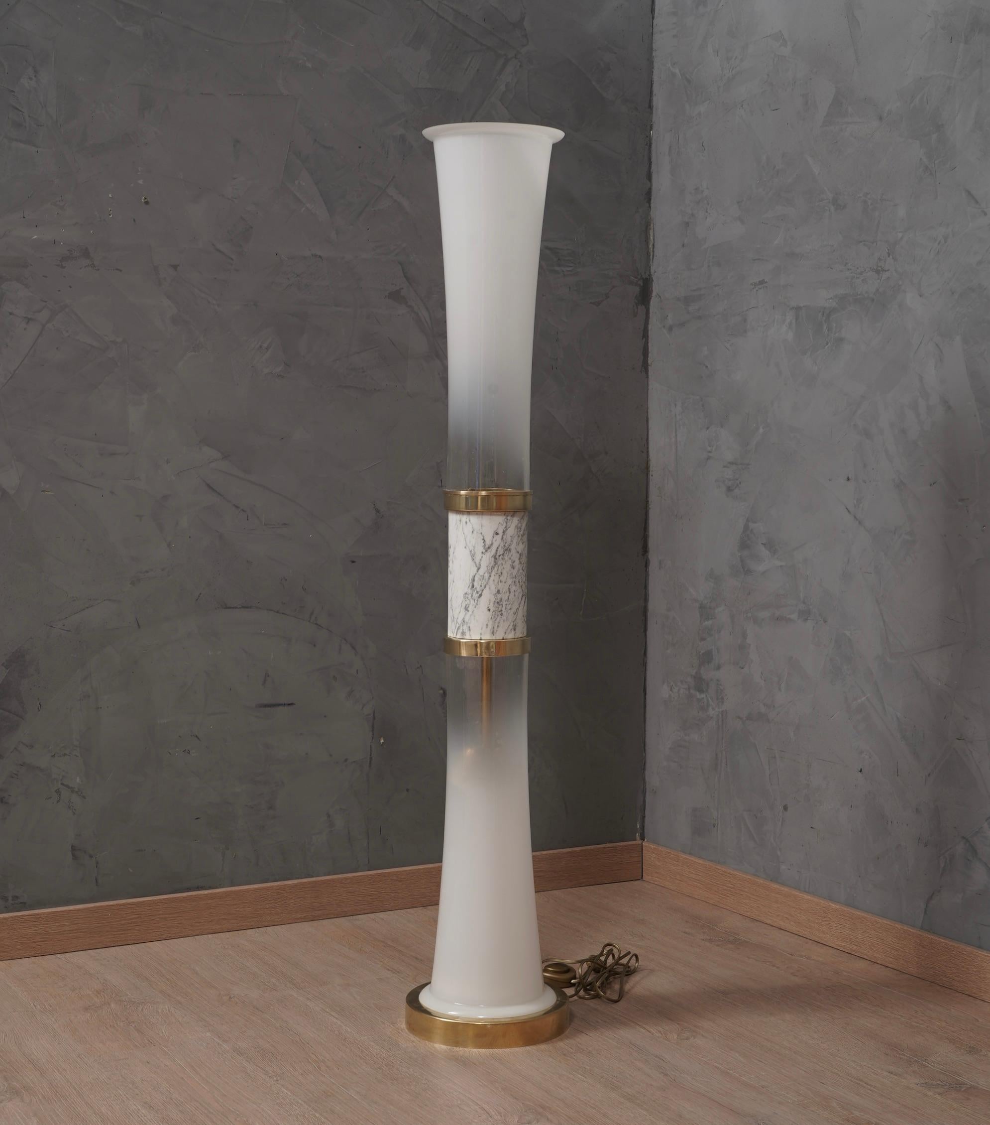 Brass Murano Glass and Carrara Marble White Floor Lamp, 1970 For Sale