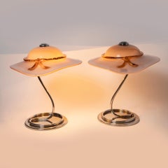 Glass and chrome capeline table lamps. Italy, circa 1970.