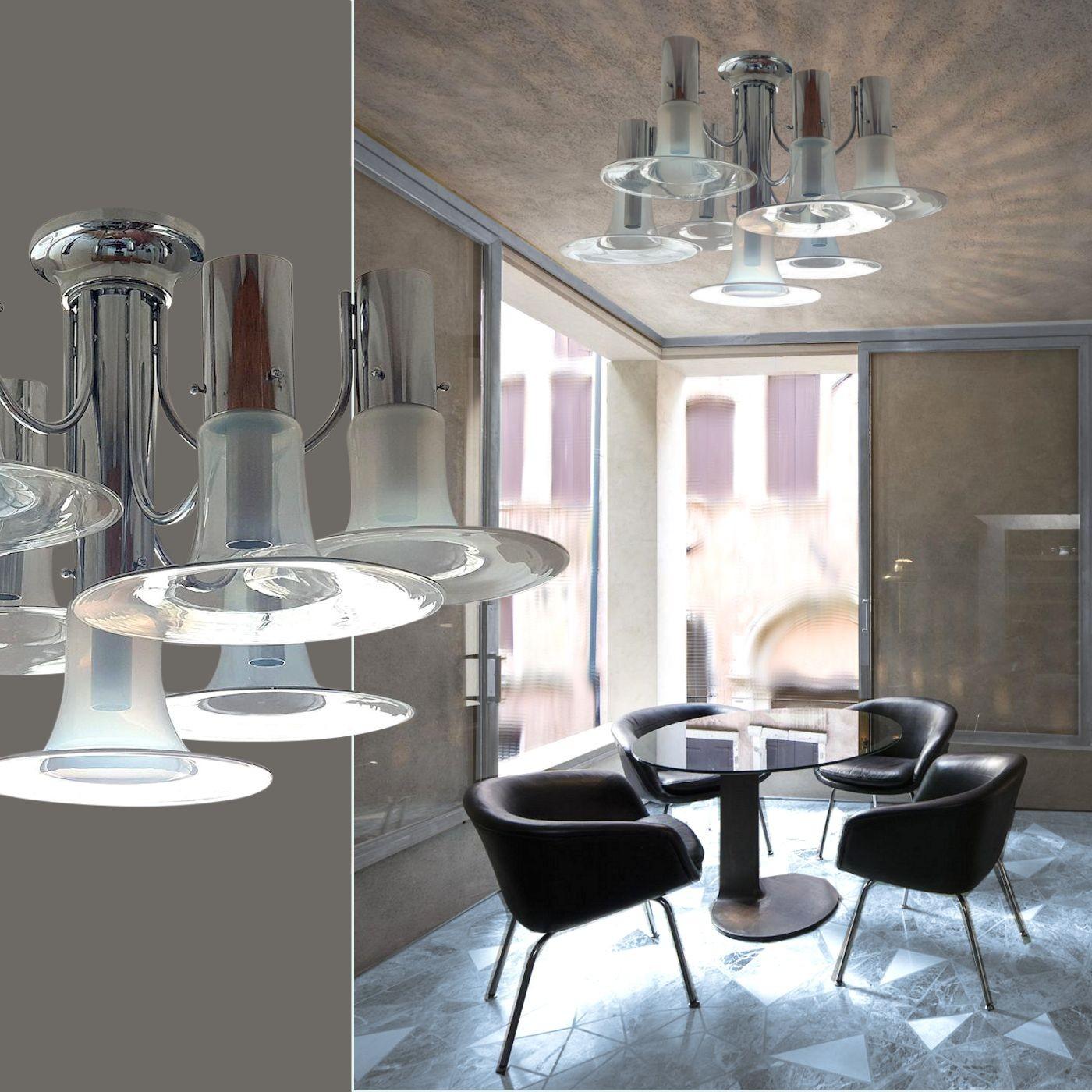 Mid-Century moderno Lampadario in vetro di Murano e cromo in vendita