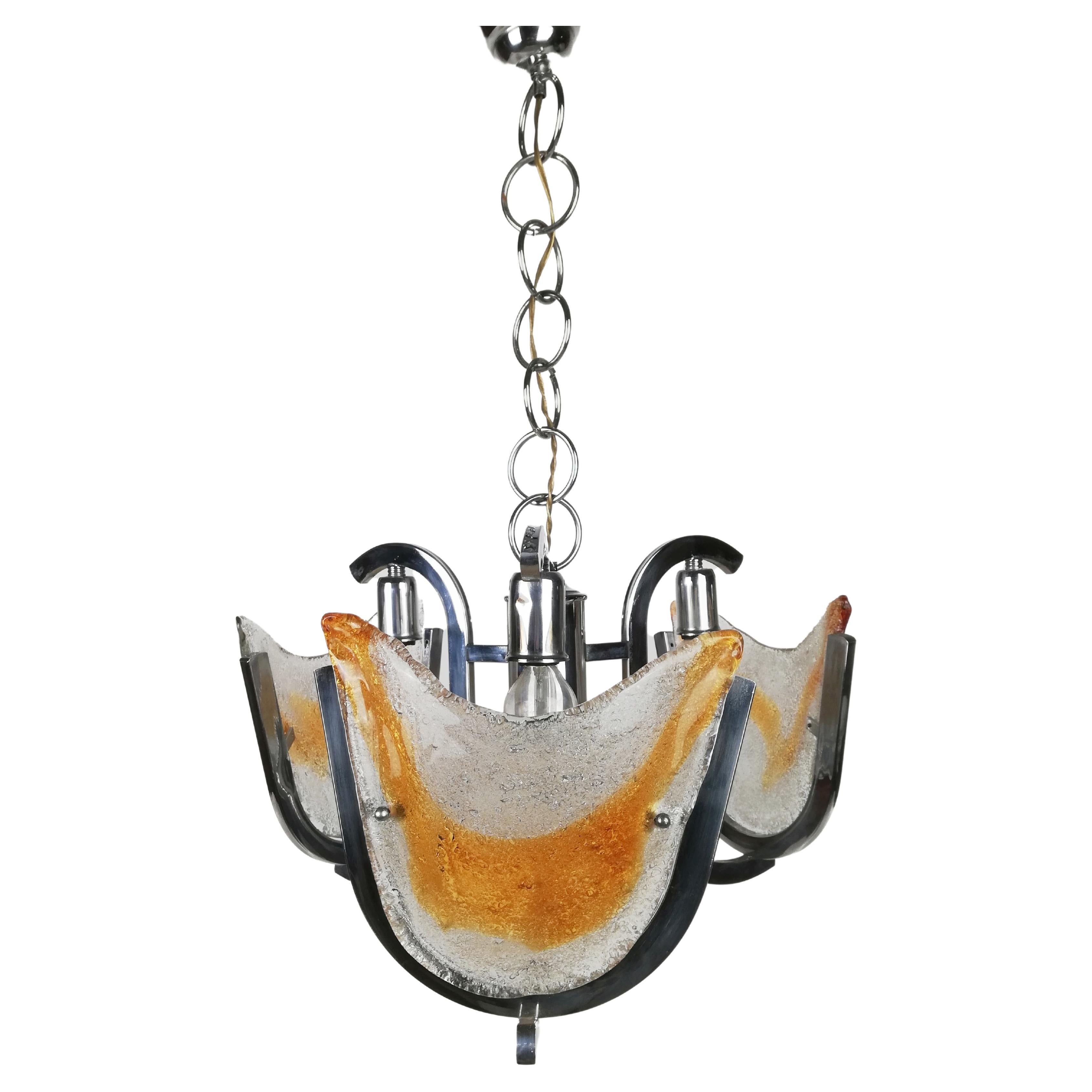 Murano Glass and Chrome Chandelier in the Style of Mazzega, Italy, 1970s