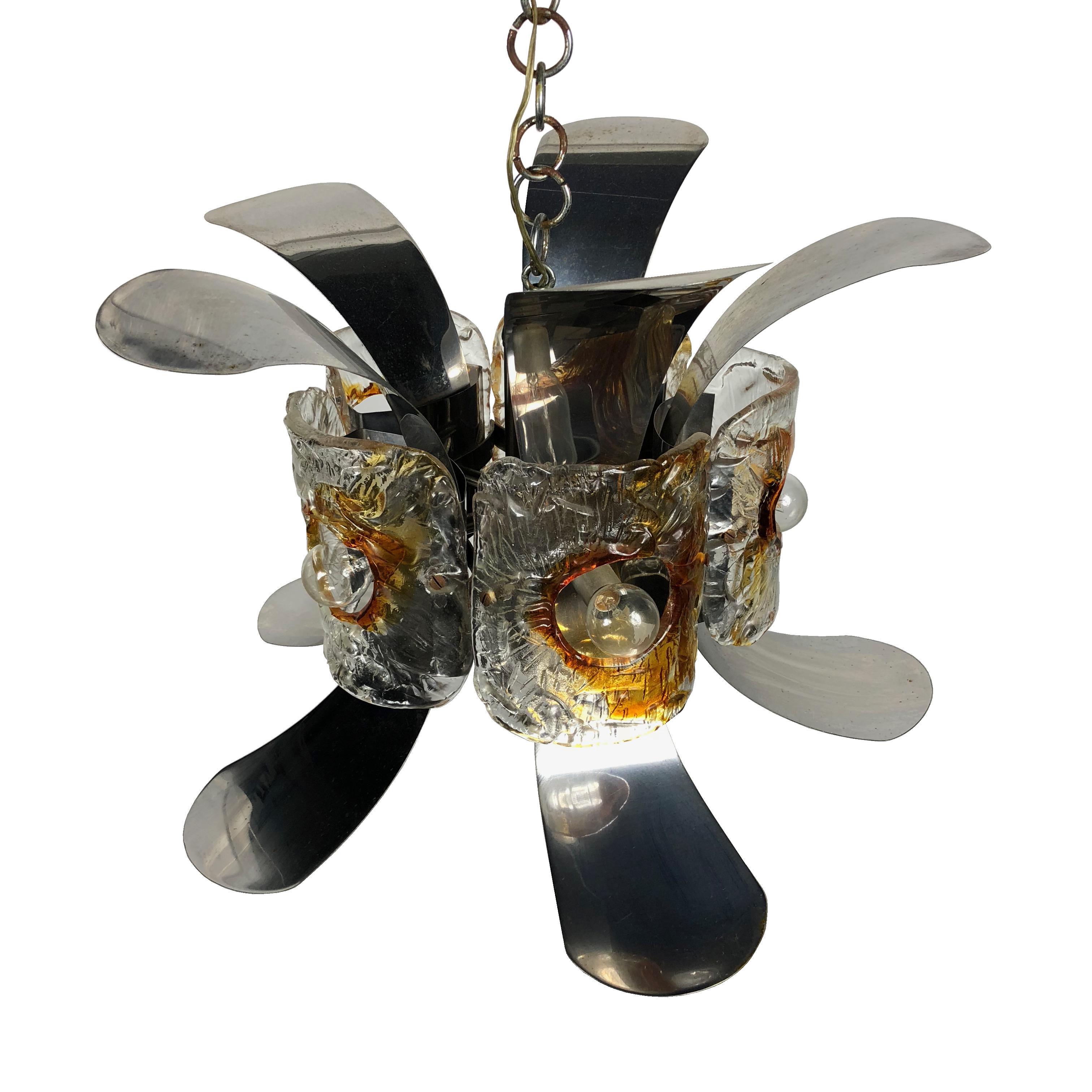 Italian Murano Glass and Chrome Chandelier Pendant by Mazzega, Italy, 1970s For Sale
