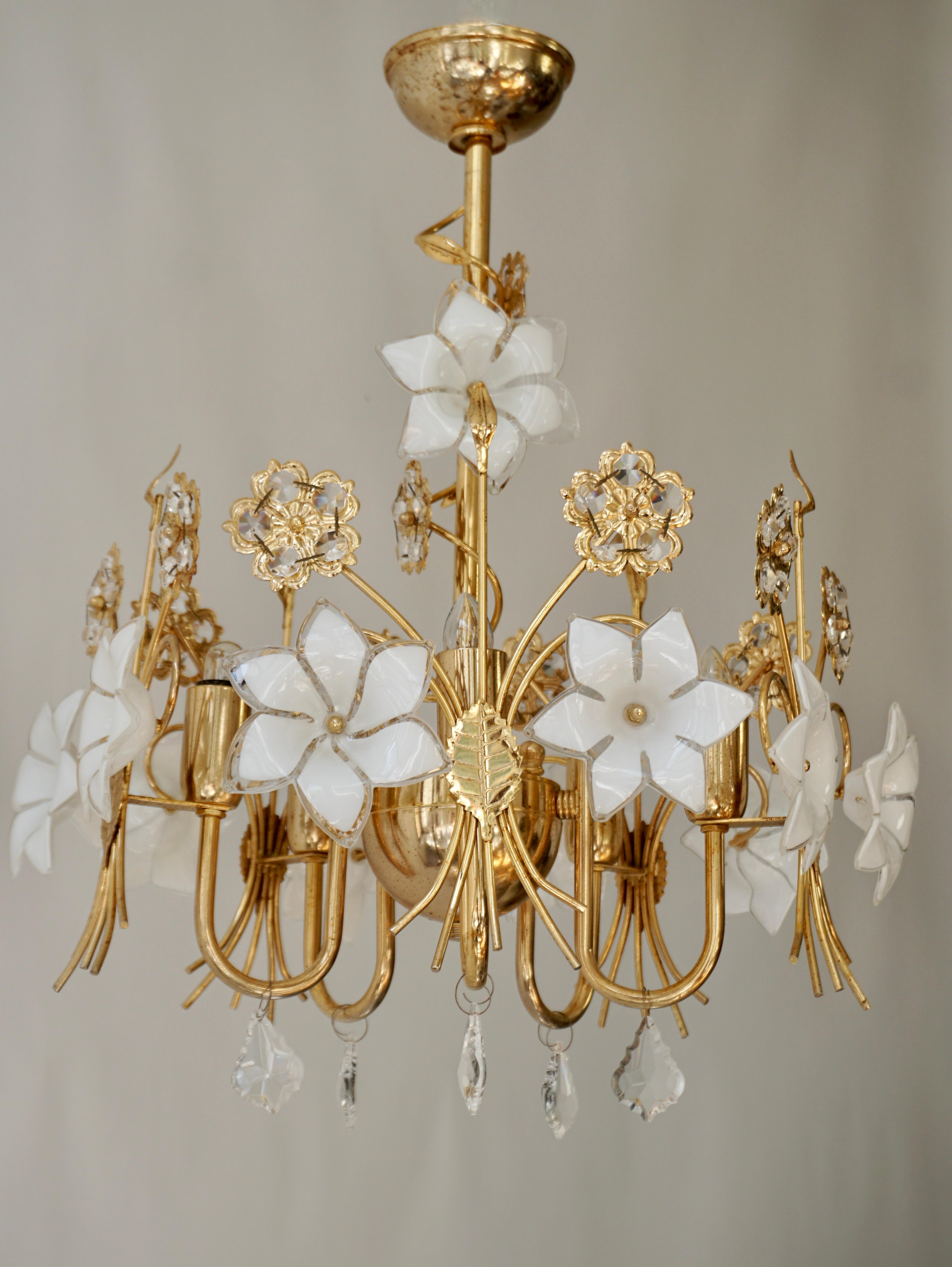 Brass Murano Glass and Crystal Chandelier with White Flowers  For Sale