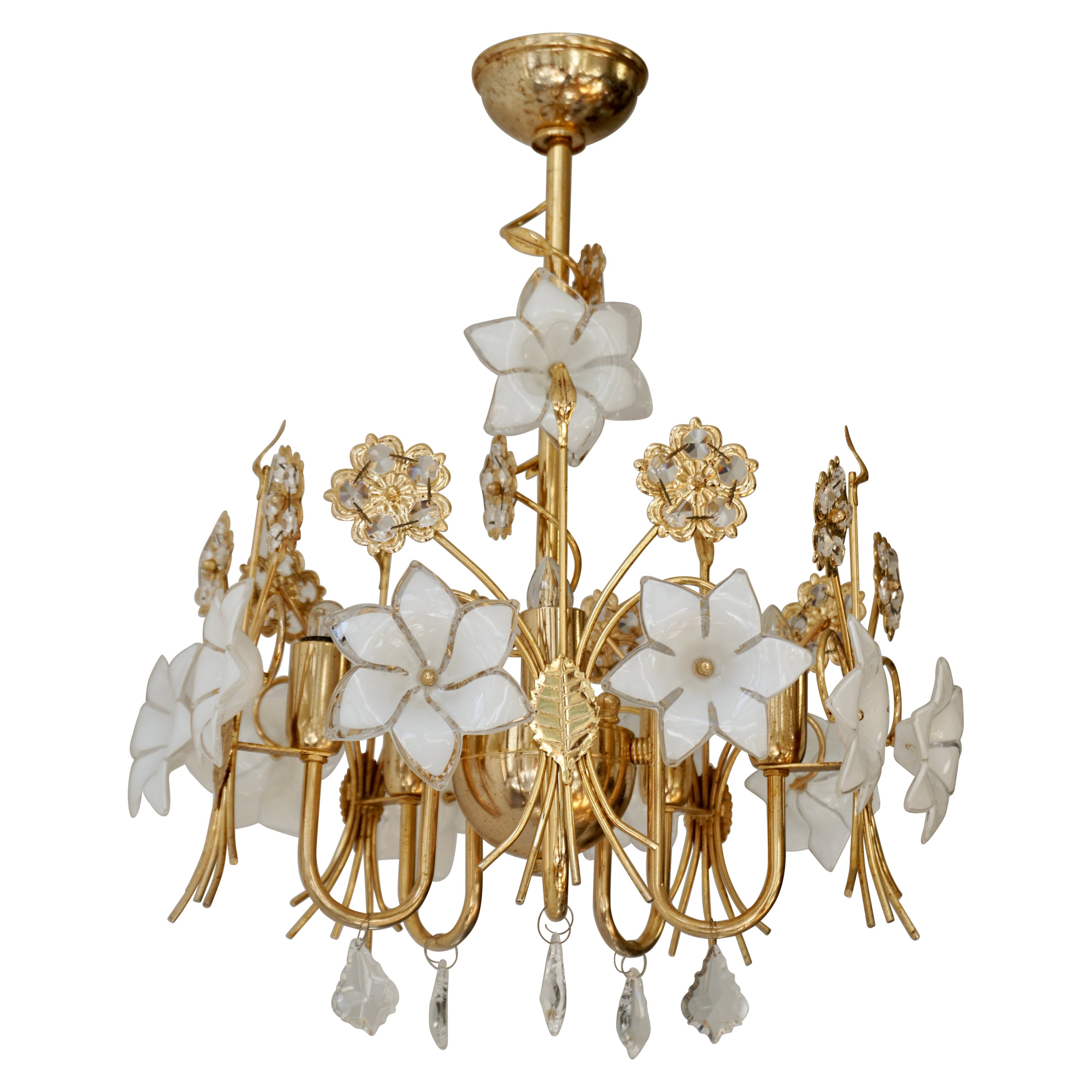 Lampadario in vetro di Murano e cristallo con fiori bianchi