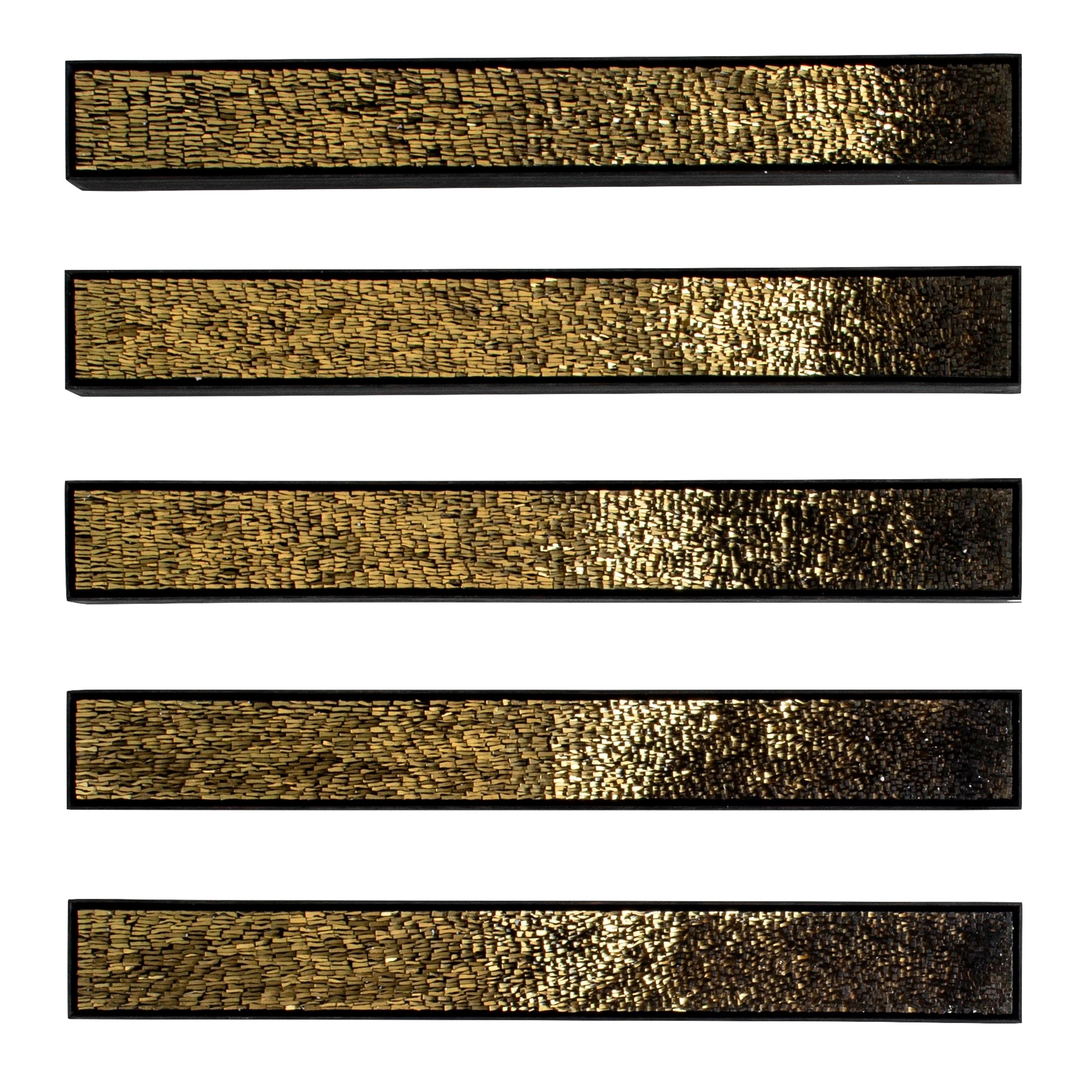 Hand applied 24-karat gold leaf Venetian glass mosaic, set in mortar with an iron frame. By artists CaCO3. Can be arrange horizontal or vertical.

Sheets of Murano glass are backed with gold leaf and then chipped by hand to create individual