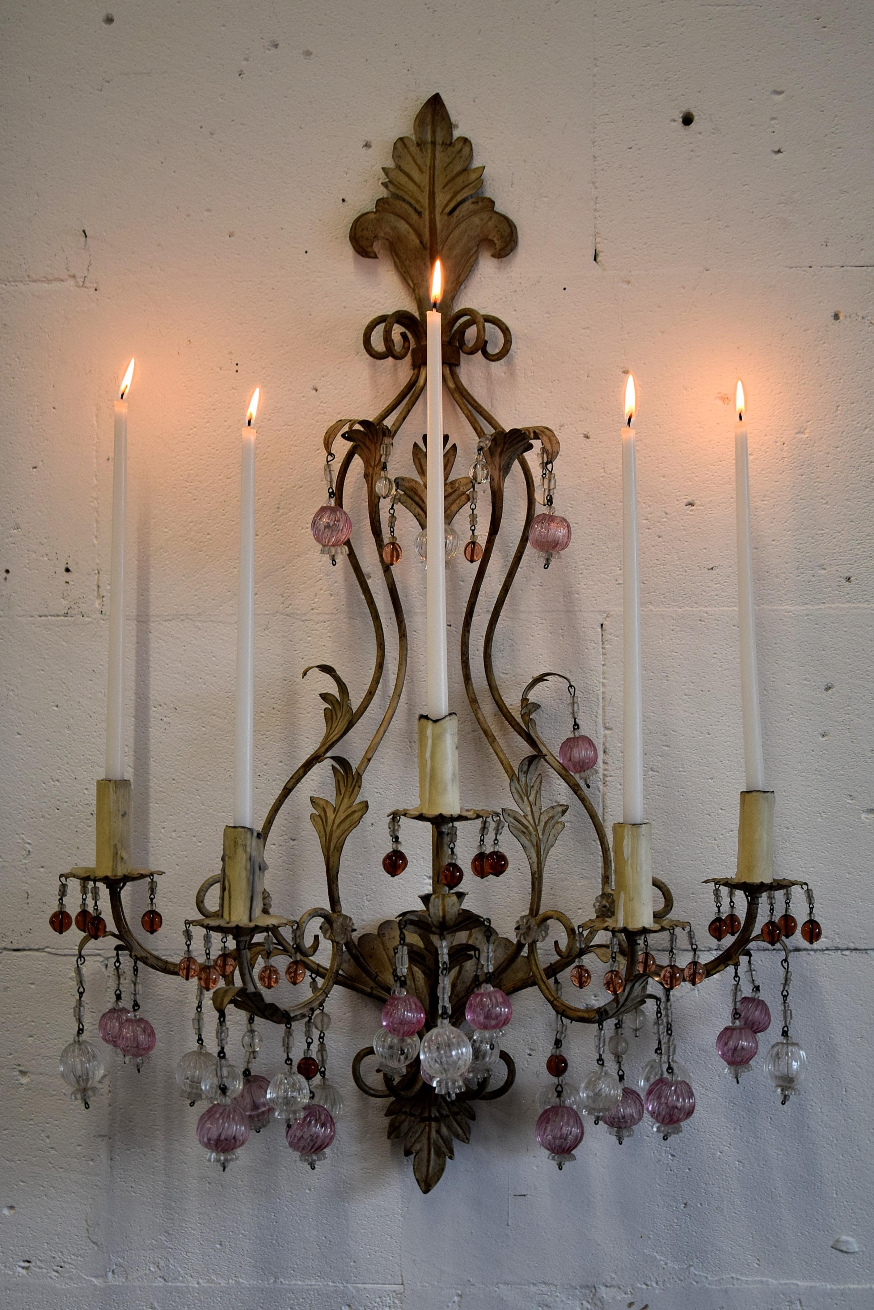 Murano Glass and Iron Belle Epoque Wall Candle Holder For Sale 2