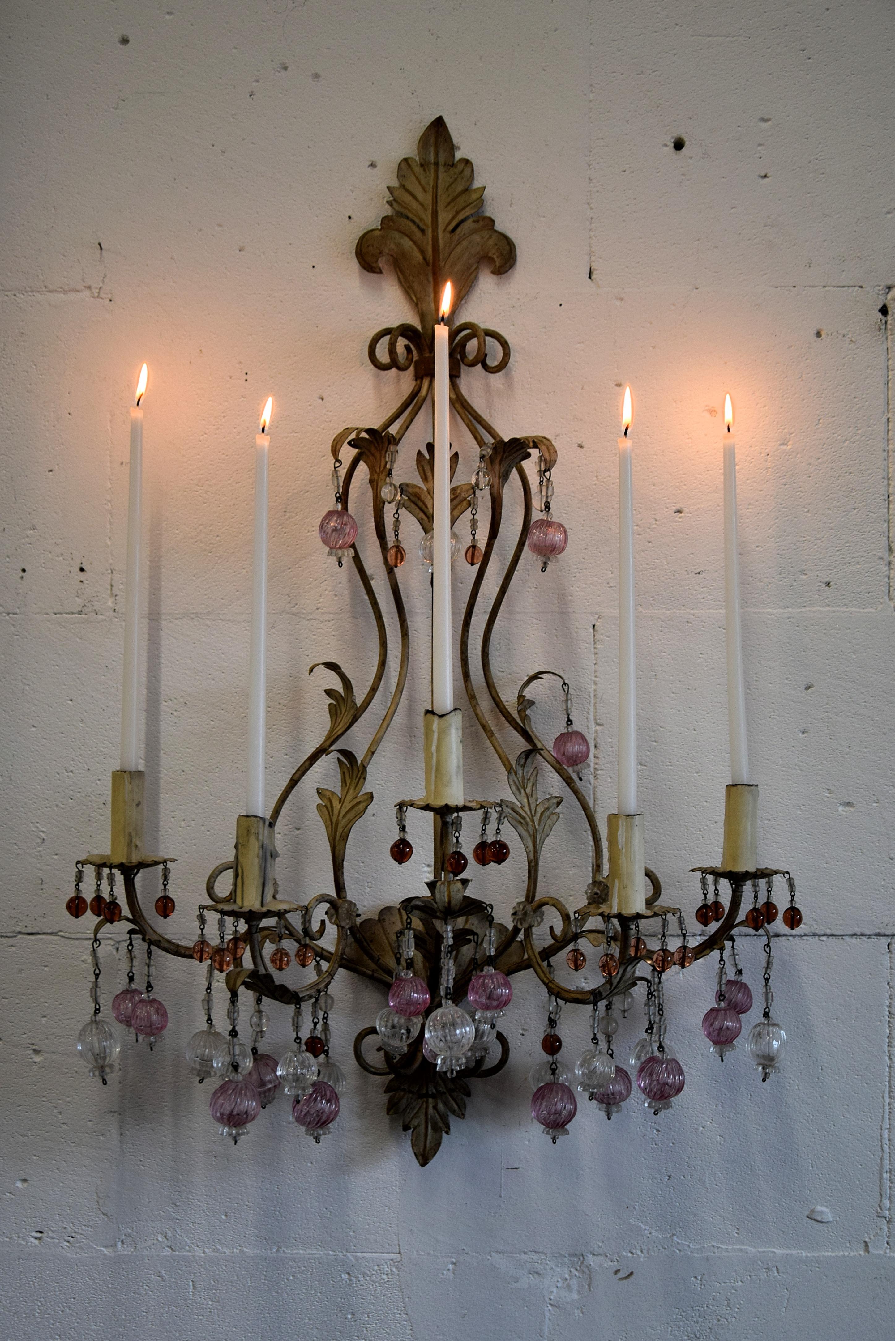 Portavelas de pared Belle Epoque de cristal de Murano y hierro en venta 7