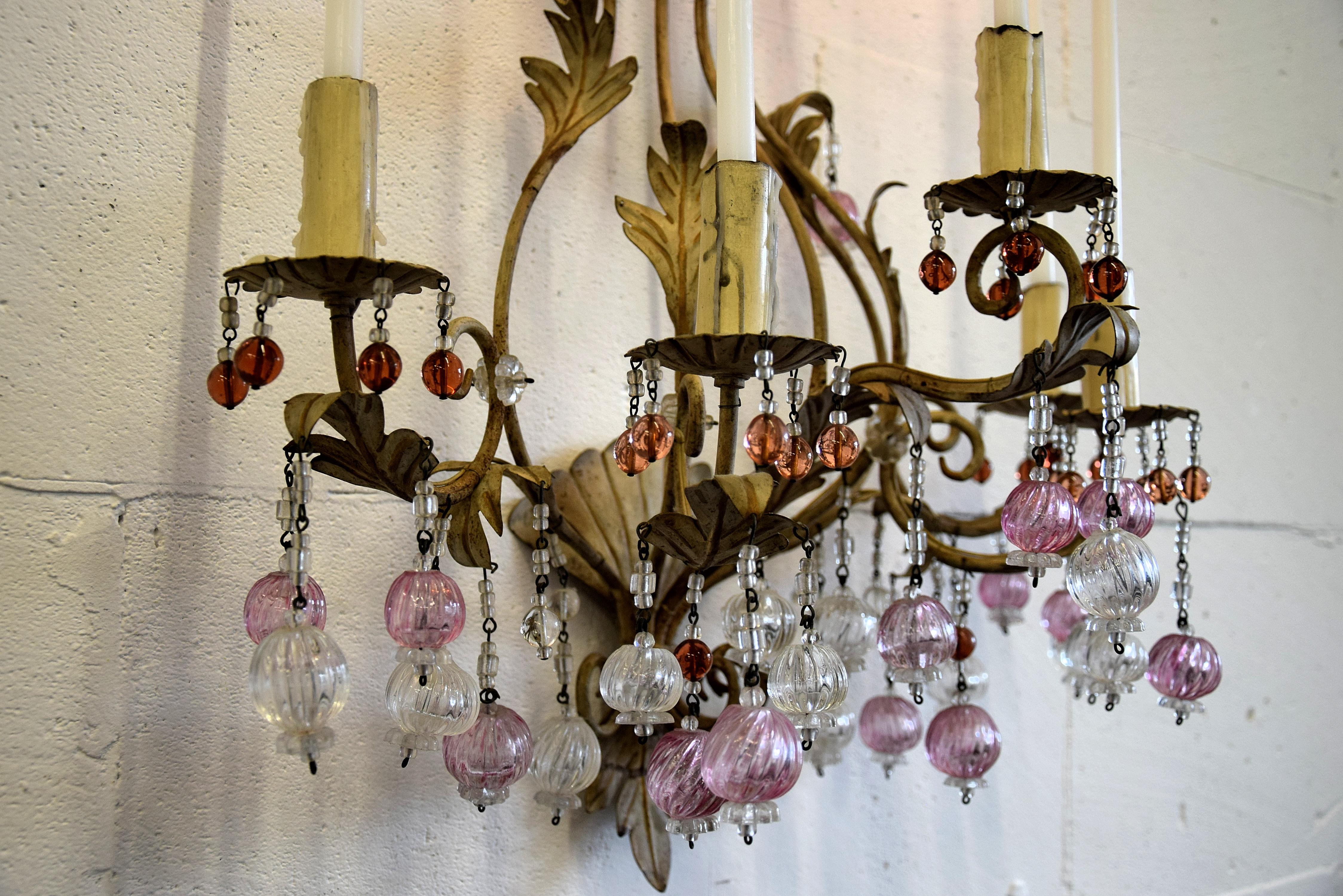 Portavelas de pared Belle Epoque de cristal de Murano y hierro en venta 10