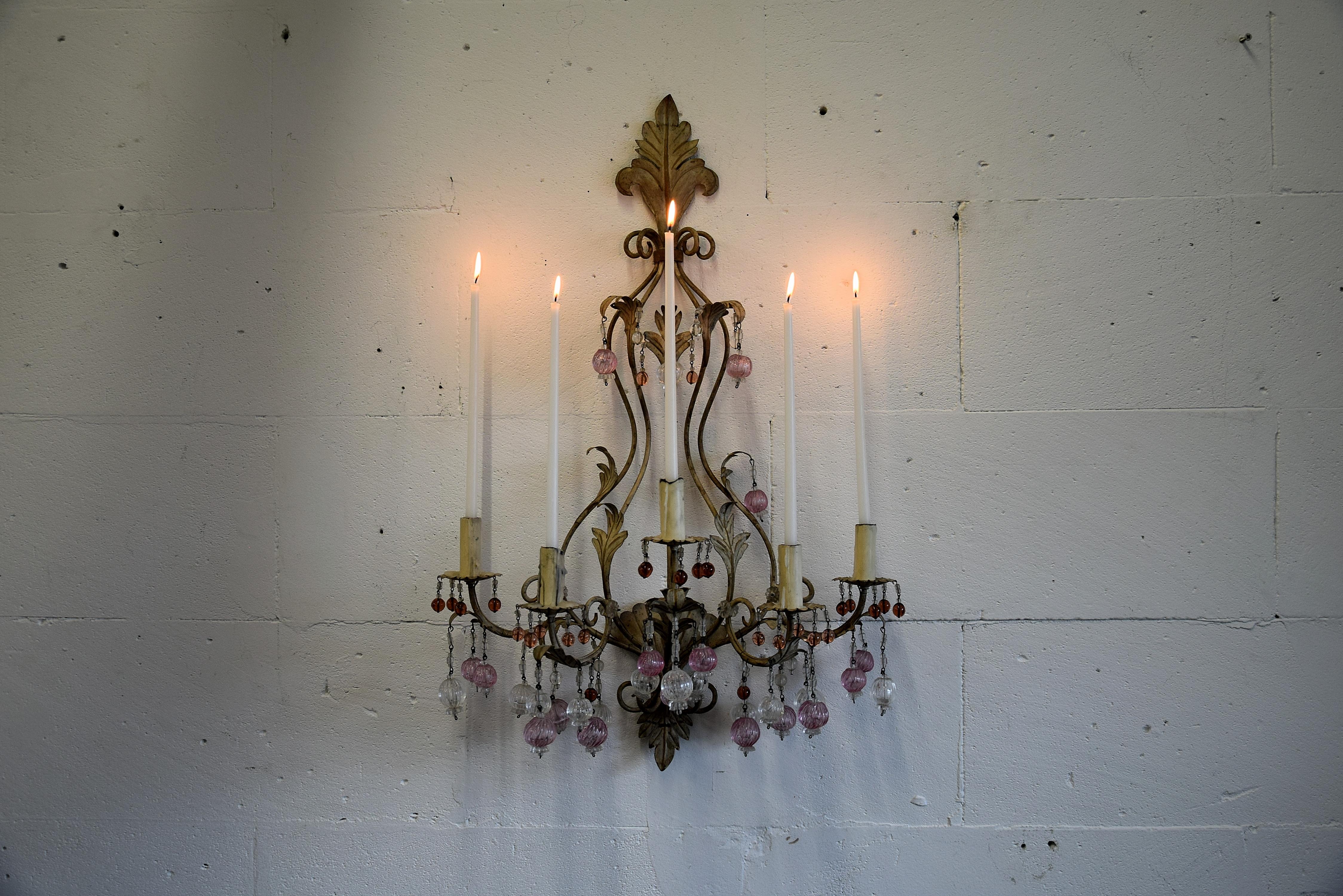 Belle Époque Murano Glass and Iron Belle Epoque Wall Candle Holder For Sale