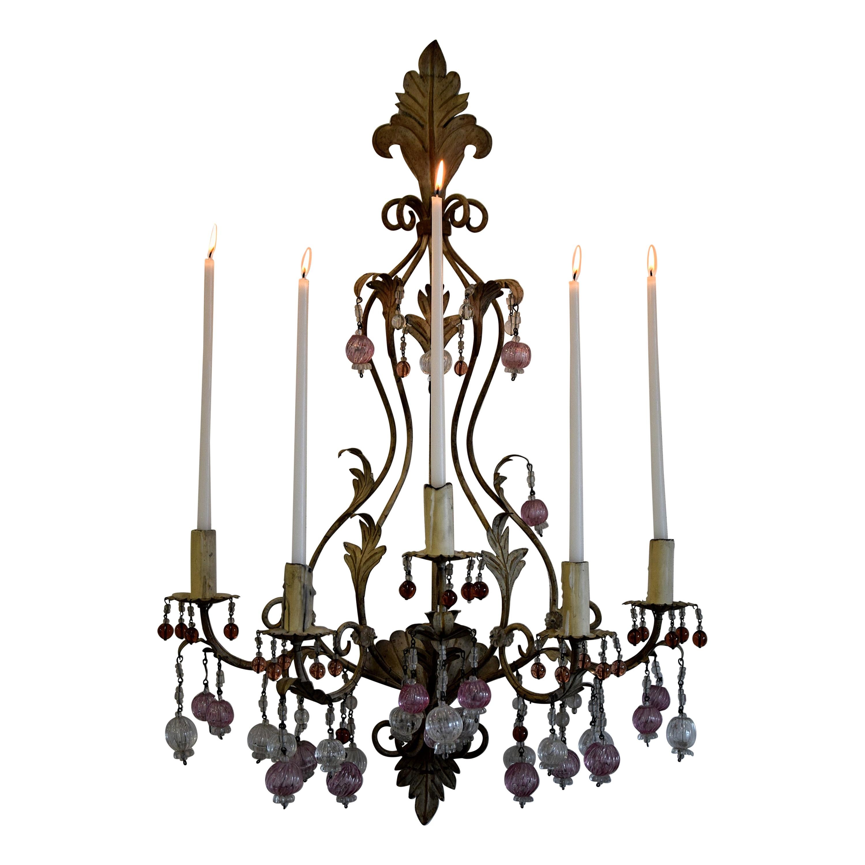 Murano Glass and Iron Belle Epoque Wall Candle Holder For Sale
