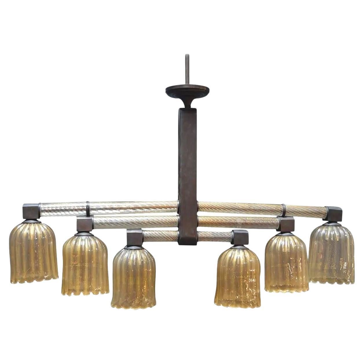 Murano Glass and Patinated Bronze Chandelier For Sale