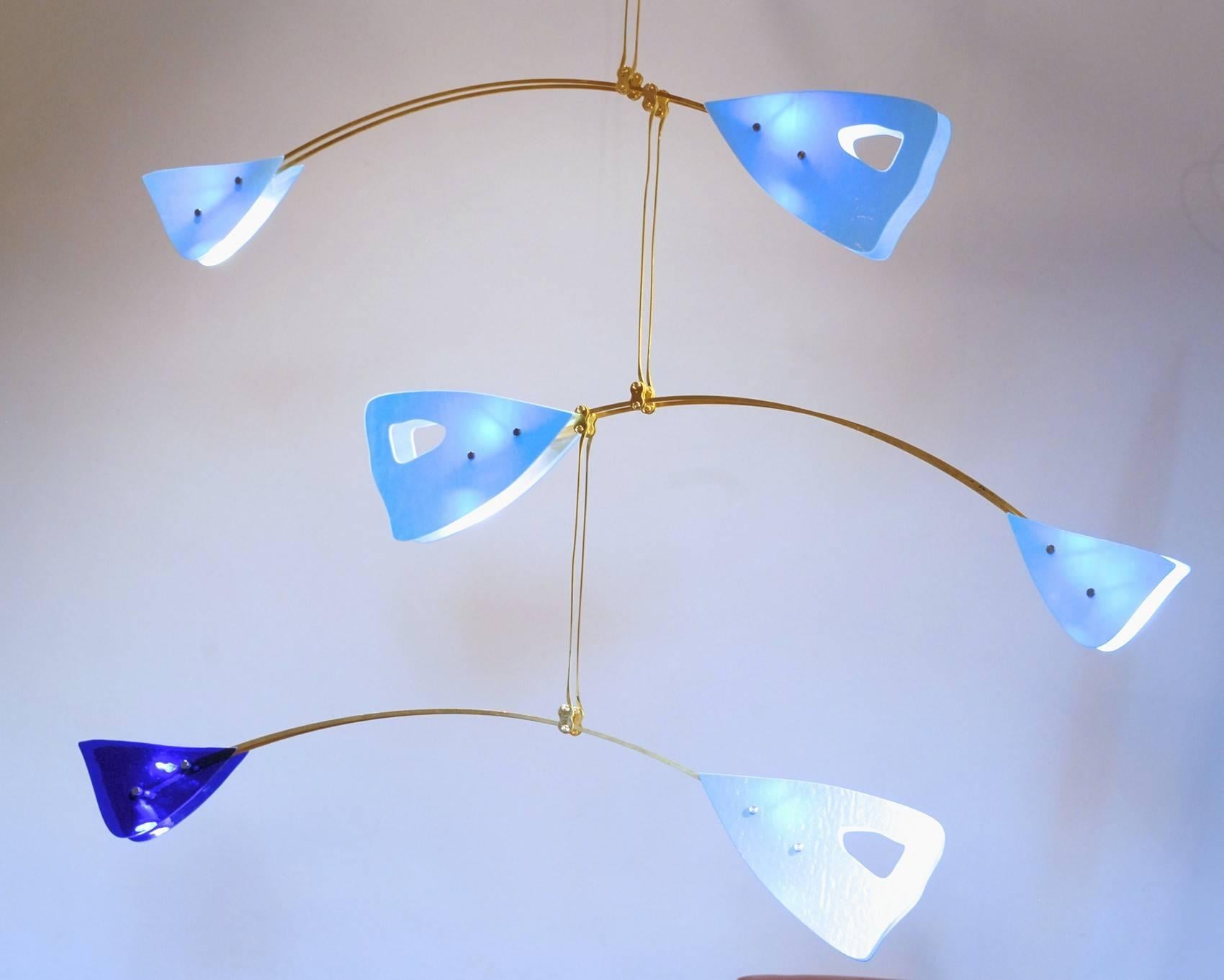 CINETICO Murano Glass and Solid Brass Mobile Chandelier Sky Blue Glass Elements For Sale 9