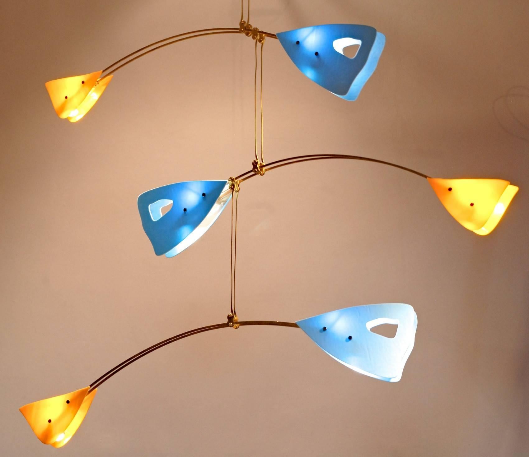 CINETICO Murano Glass and Solid Brass Mobile Chandelier Sky Blue Glass Elements For Sale 10