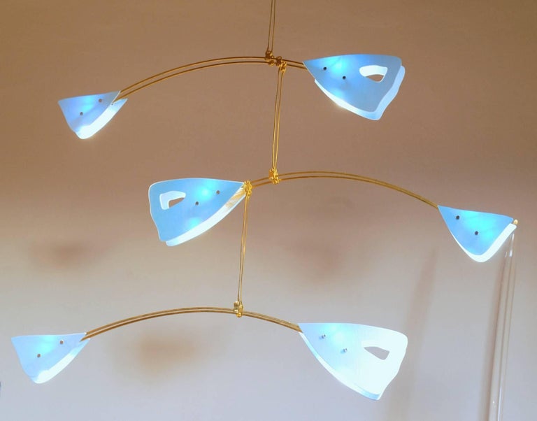 Contemporary CINETICO Murano Glass and Solid Brass Mobile Chandelier Sky Blue Glass Elements For Sale