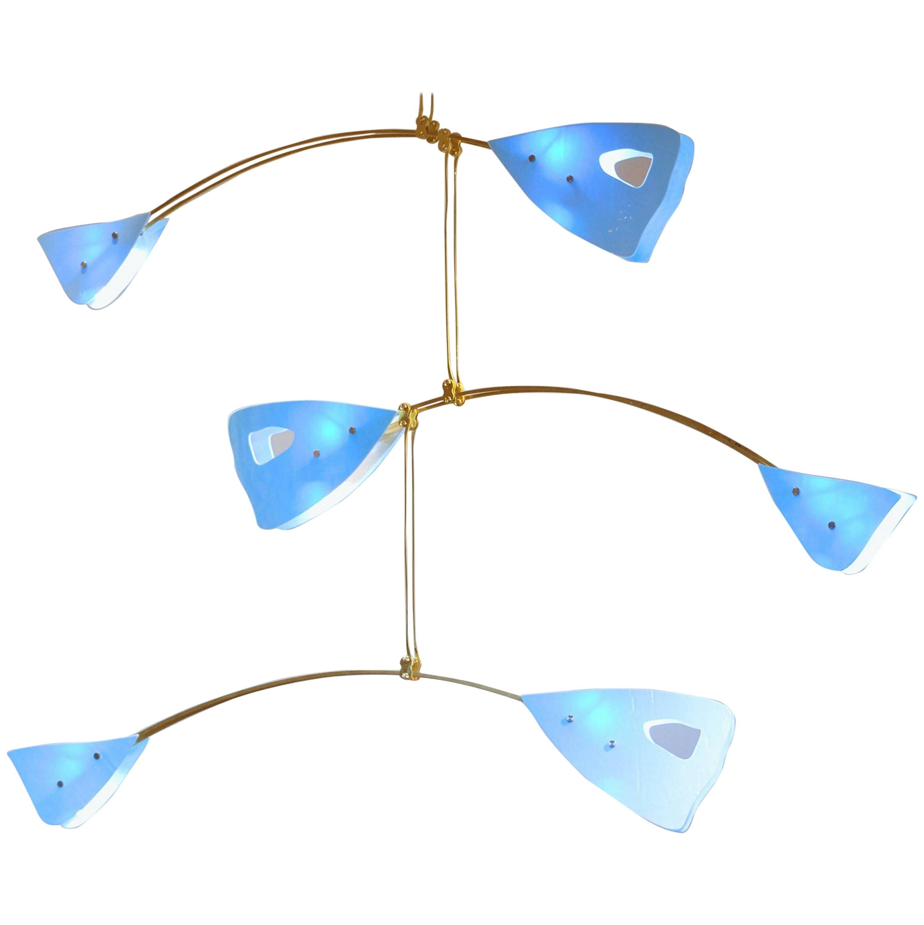 CINETICO Murano Glass and Solid Brass Mobile Chandelier Sky Blue Glass Elements