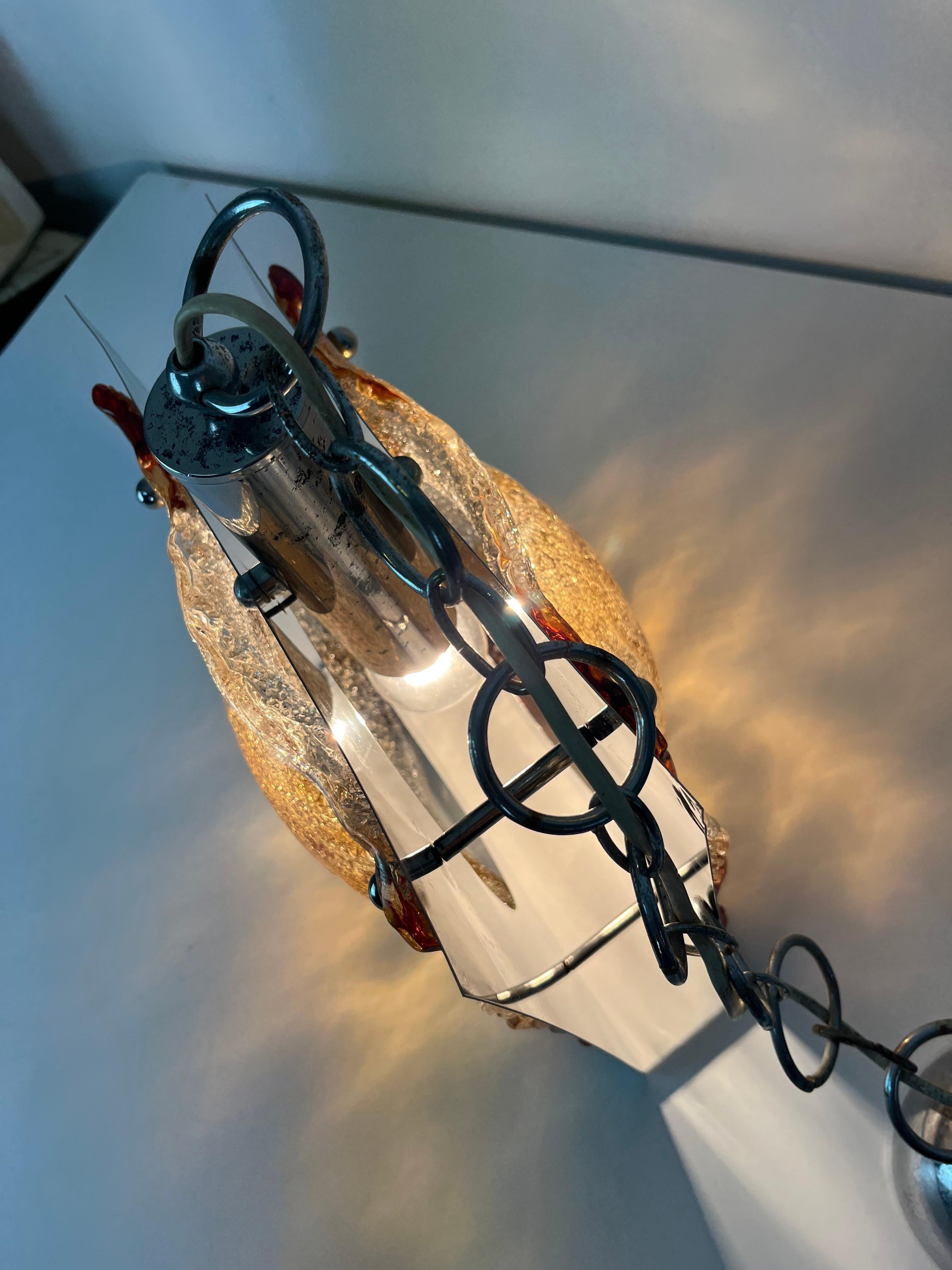 Lampadario in vetro di Murano e acciaio attribuito a Toni Zuccheri per Mazzega, anni '60 In condizioni buone in vendita a Palermo, IT