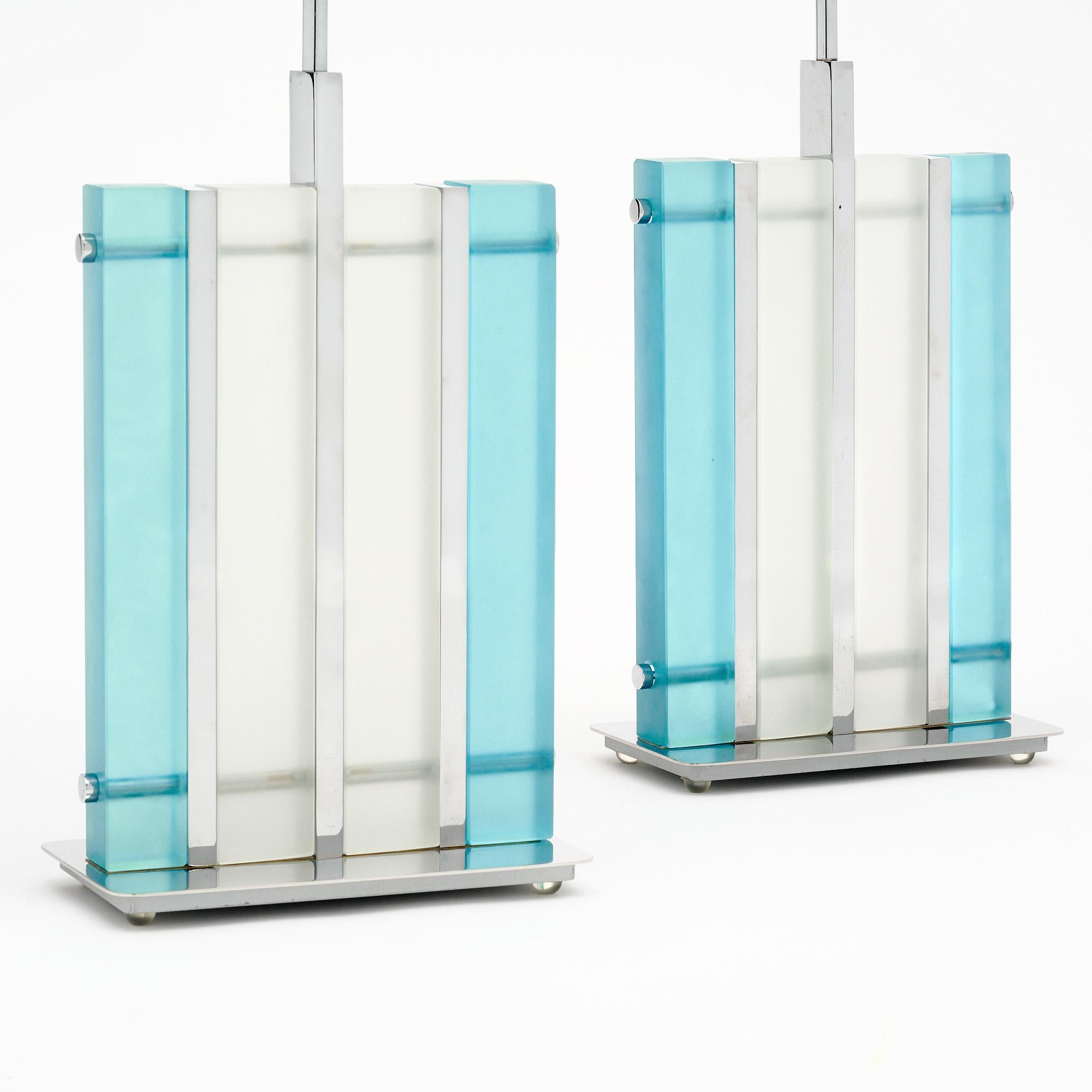 Modern Murano Glass Aqua and Chrome “Tormalina” Slab Lamps For Sale