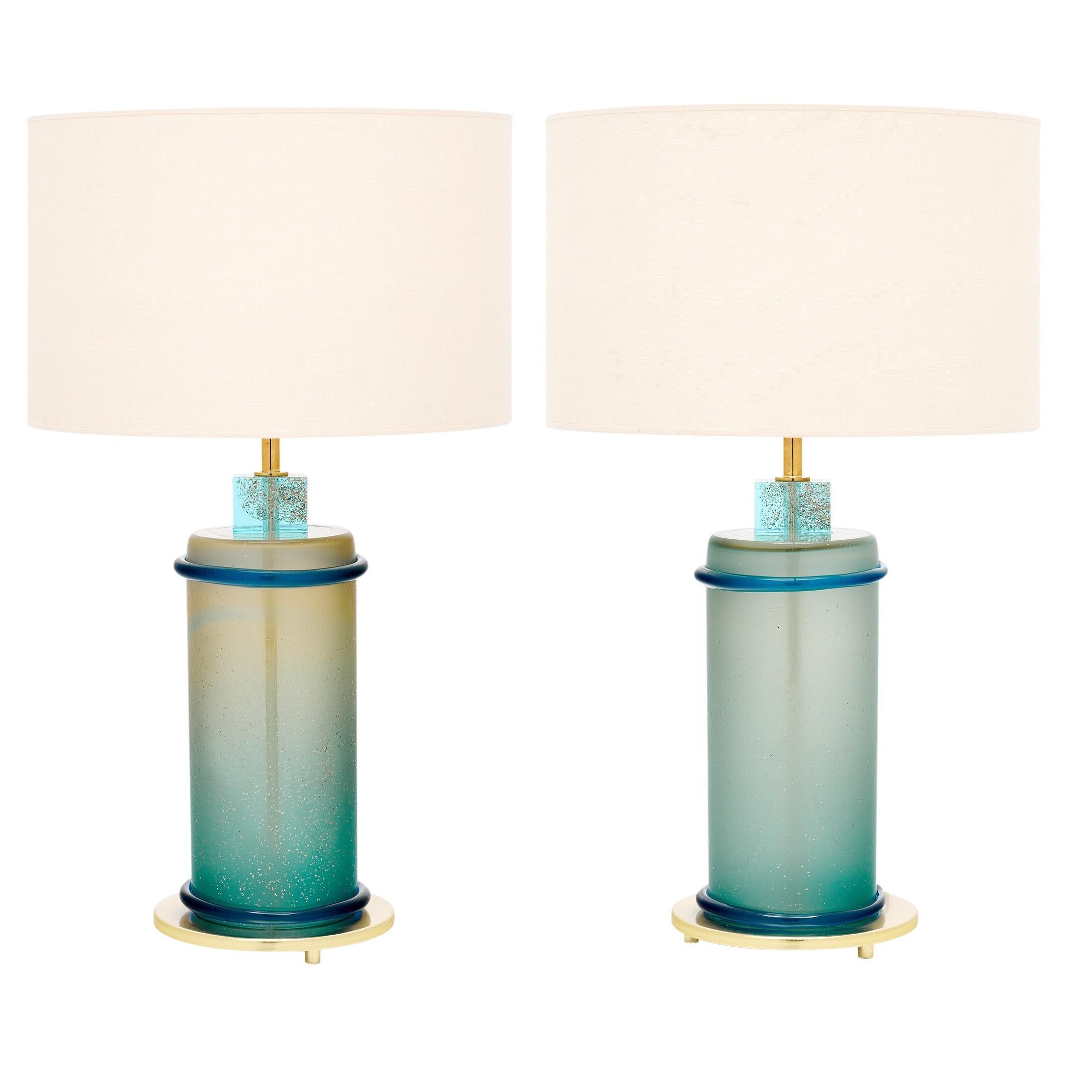 Murano Glass Aqua Blue and Gold Table Lamps For Sale
