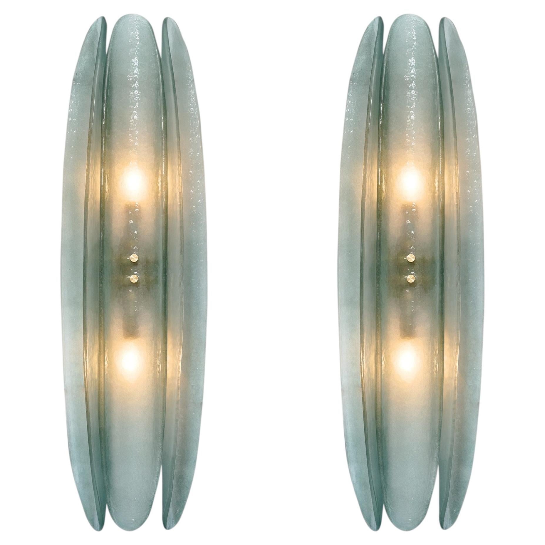 Murano Glass Aqua Paneled Sconces, Brass Frame, Modern Design, Italy For Sale
