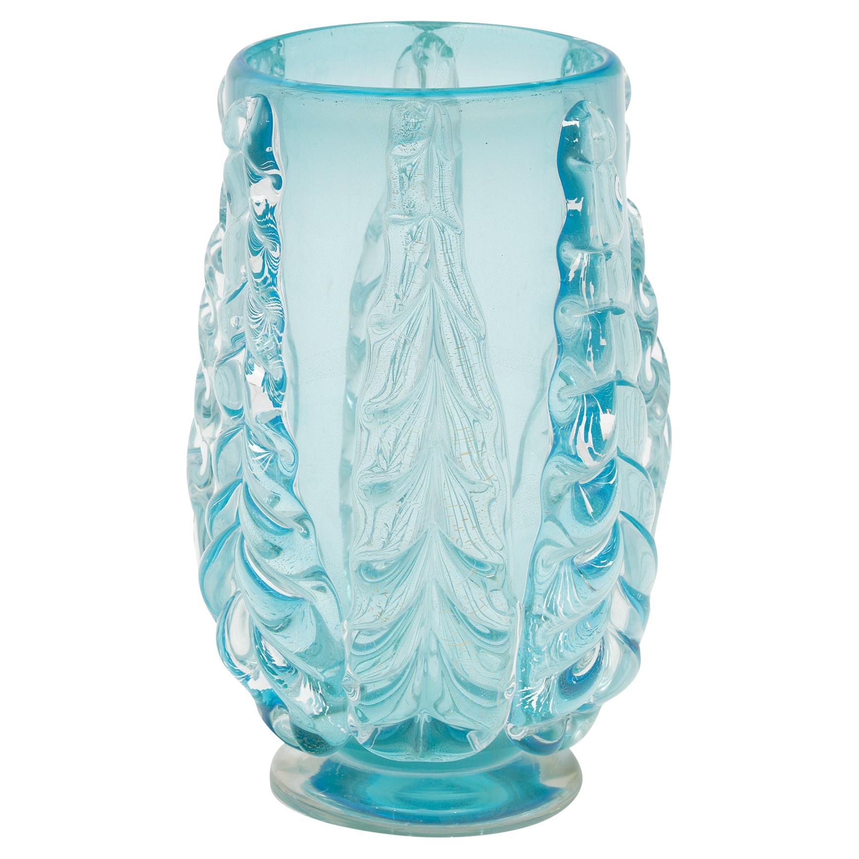 Vaso in vetro di Murano color acquamarina, soffiato a mano, stile Mid-Century Modern, Italia, 11,5" in vendita