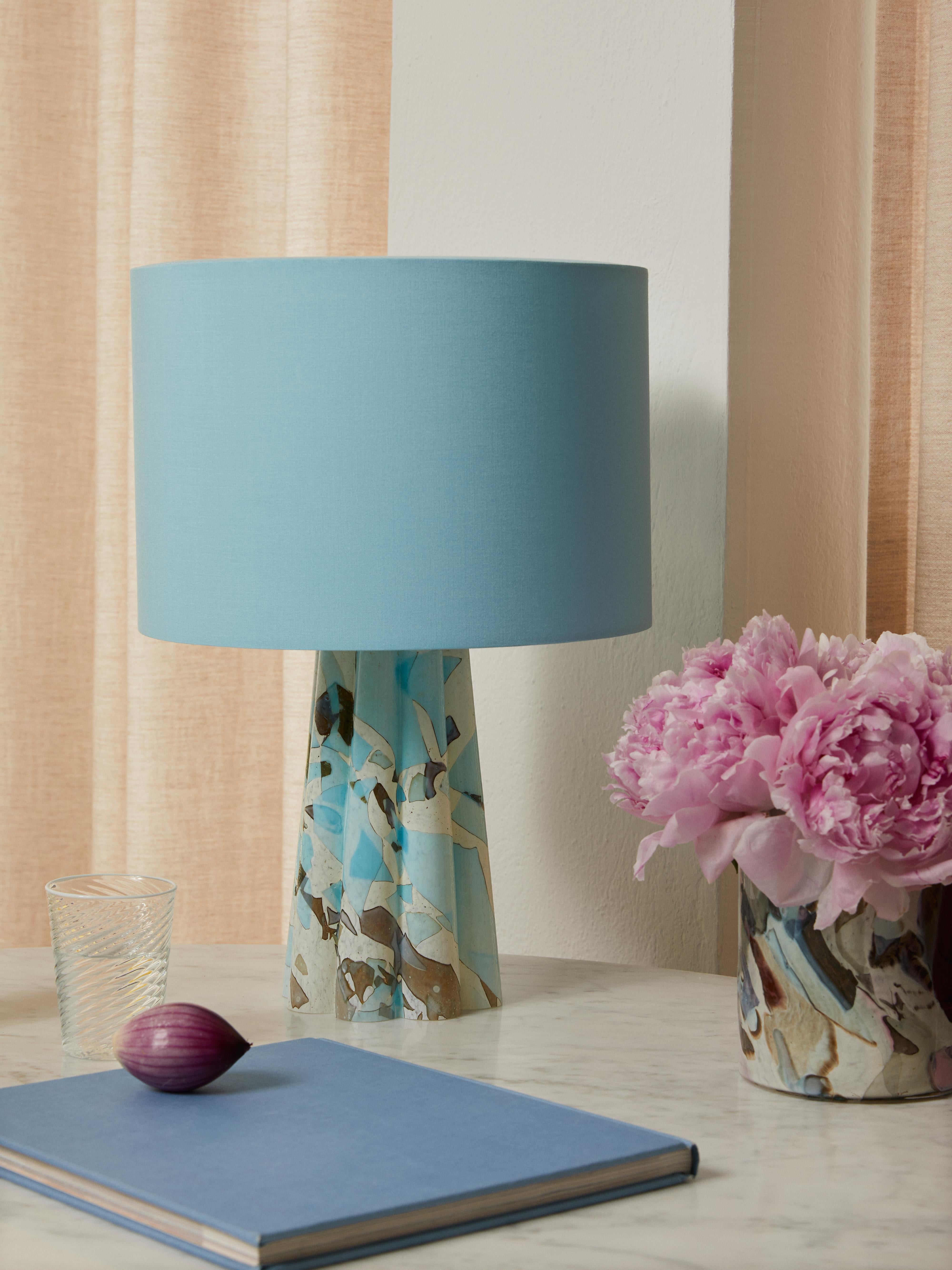 Murano Glass Aquamarine Bucket Lamp with Cotton Lampshade by Stories of Italy In New Condition For Sale In Milano, IT