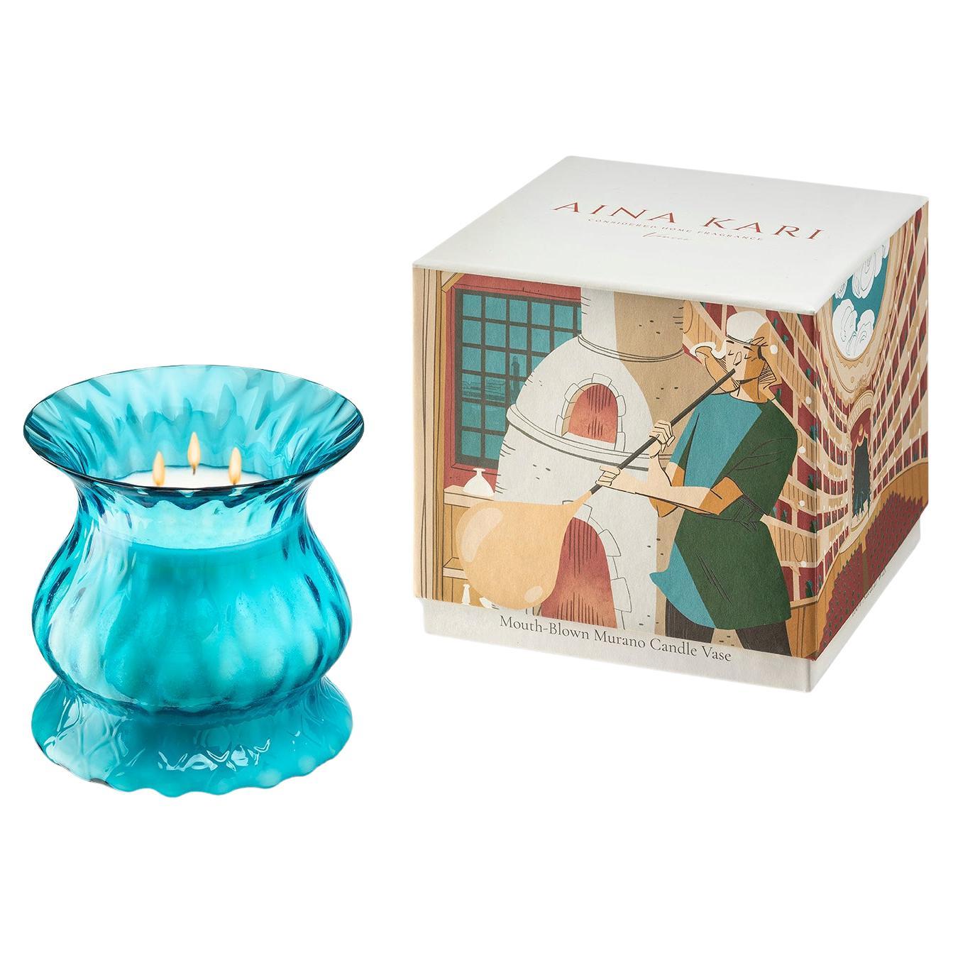 Murano Glass Aquamarine Mouth-Blown Blooming Tulip For Sale