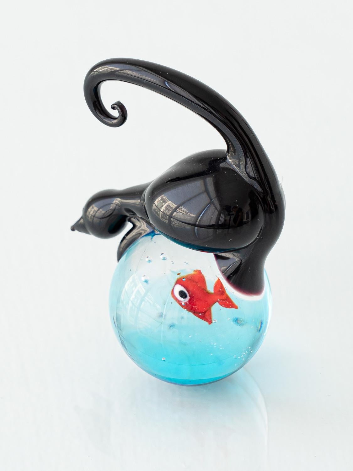 Other Murano Glass Aquarium Paperweight with Cat and Fish by Tagliapietra For Sale