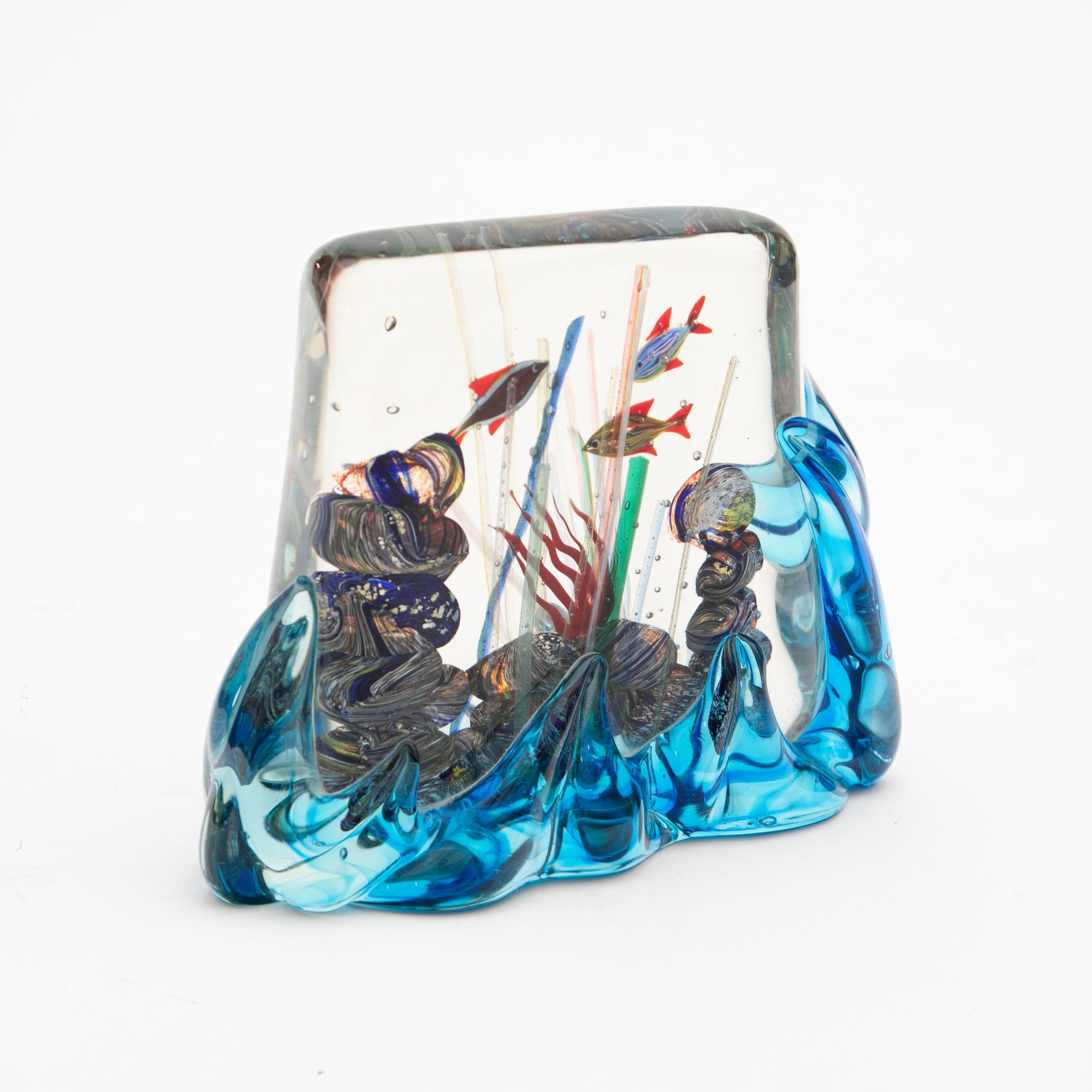Modern Murano Glass Aquarium/Reef with 3 Fish - Blue Waves, Signed, 1950s For Sale