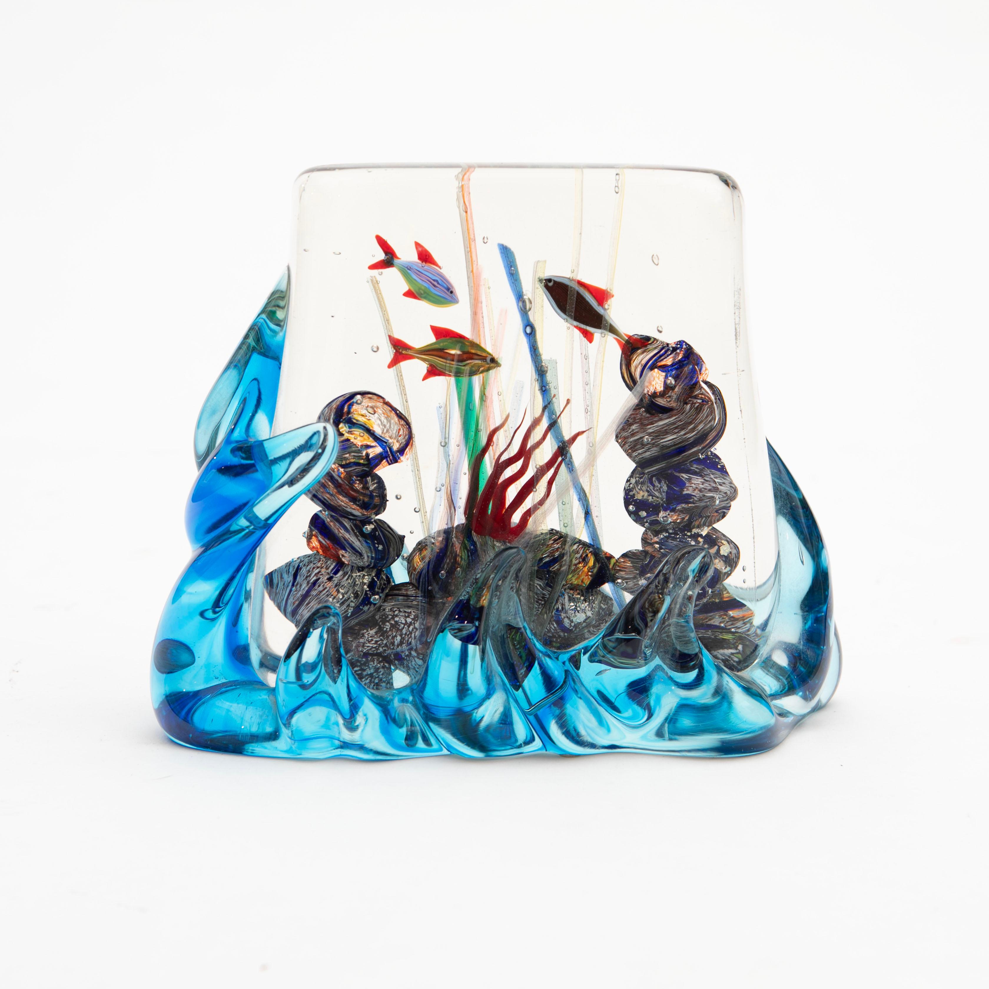 20th Century Murano Glass Aquarium/Reef with 3 Fish - Blue Waves, Signed, 1950s For Sale