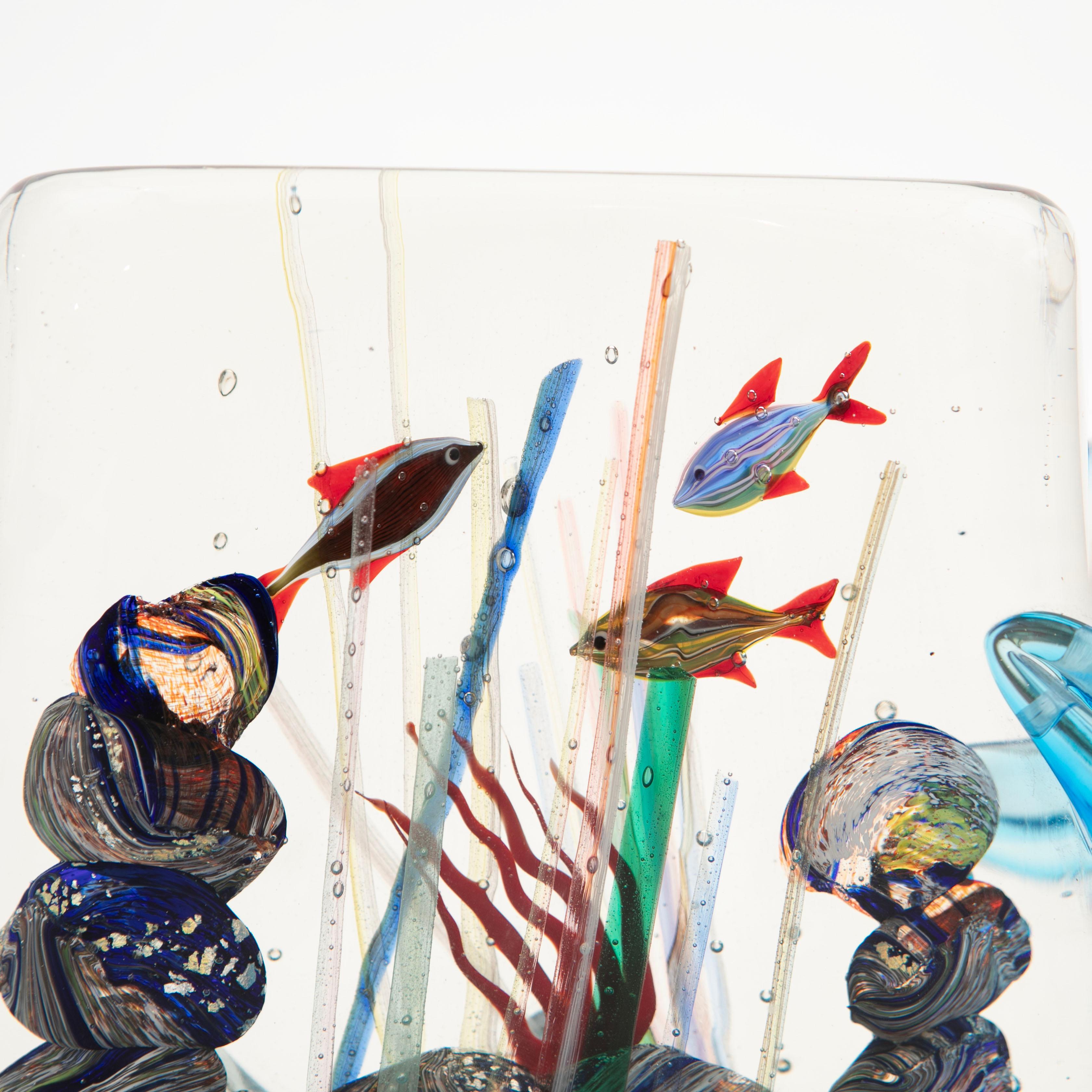 Art Glass Murano Glass Aquarium/Reef with 3 Fish - Blue Waves, Signed, 1950s For Sale
